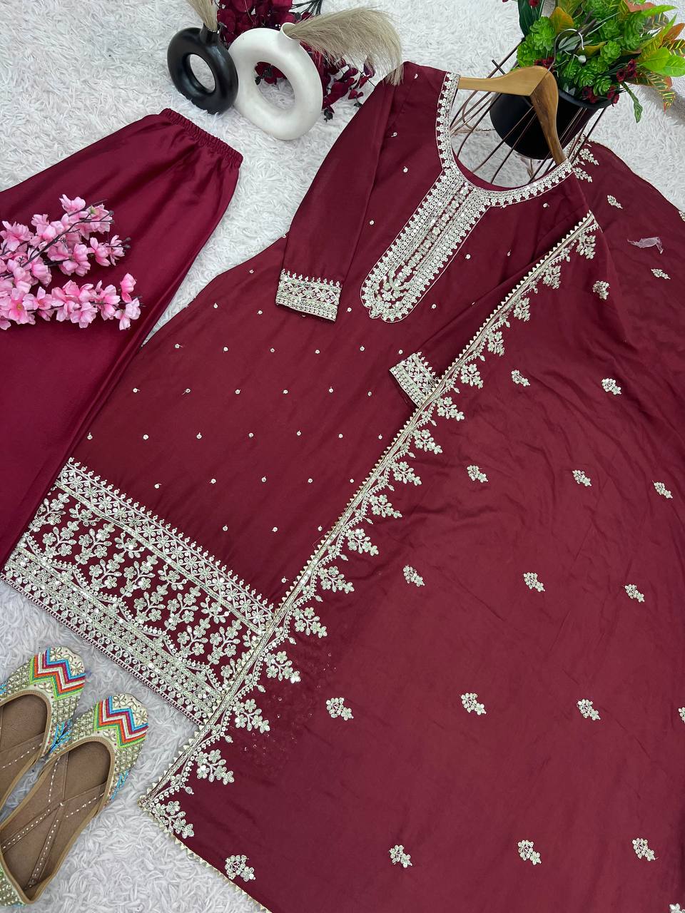 Beautiful Maroon Color Chinon Silk With Heavy Embroidery Sequence Work Salwar Suit