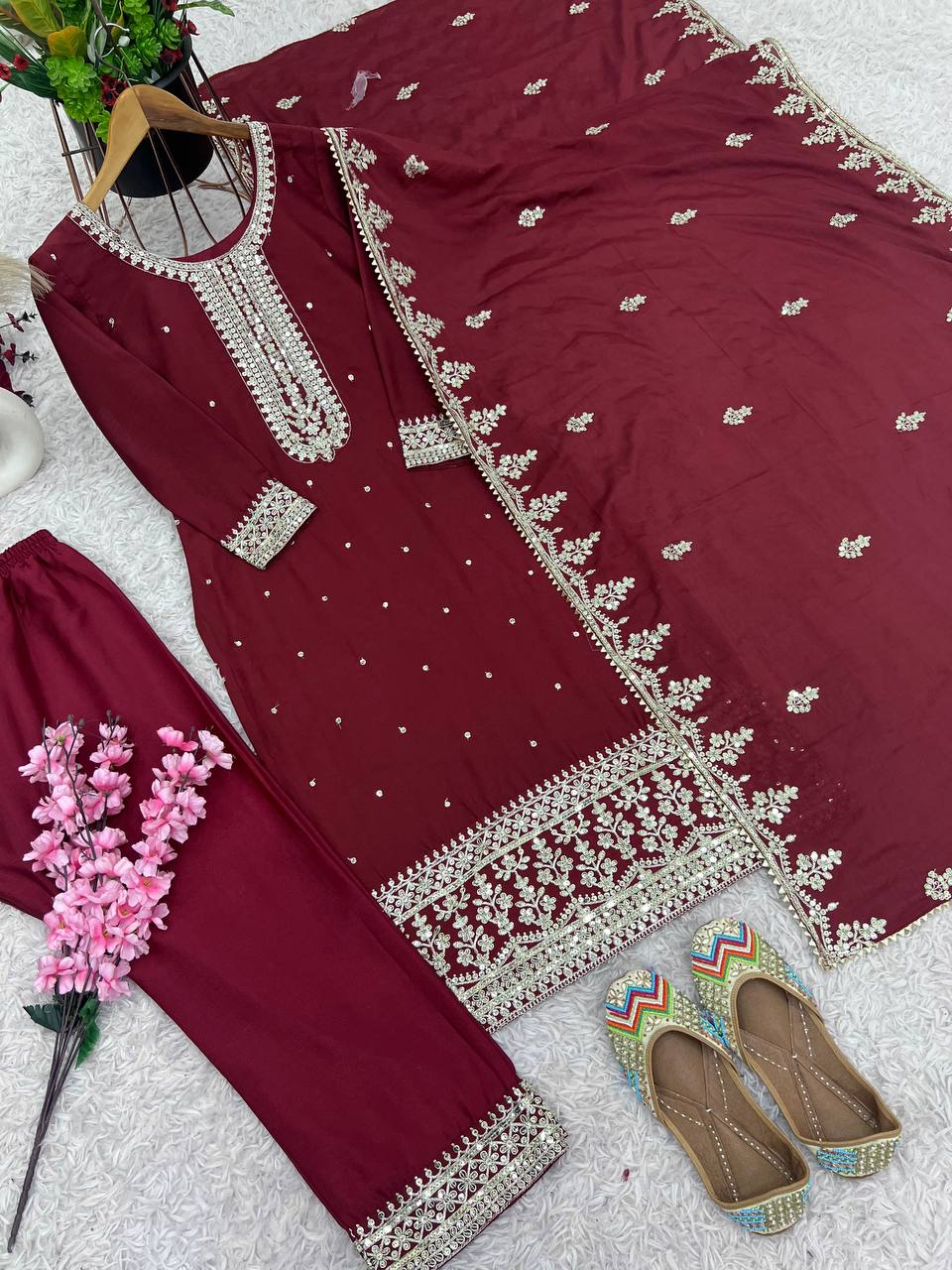 Beautiful Maroon Color Chinon Silk With Heavy Embroidery Sequence Work Salwar Suit