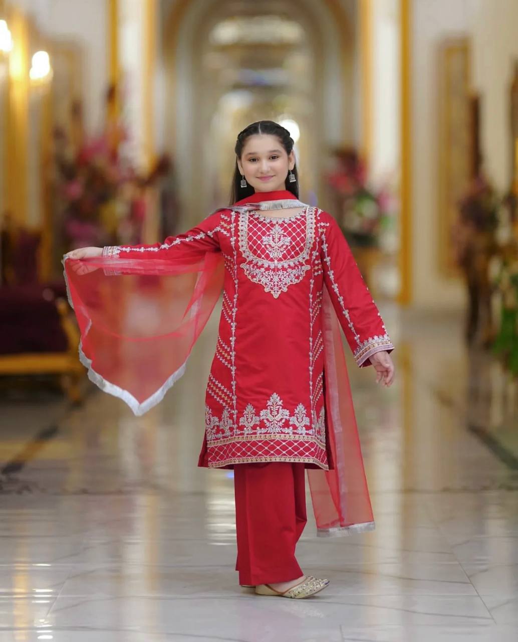 Stylish Embroidered Red Color Top Bottom And Dupatta Set For Girls