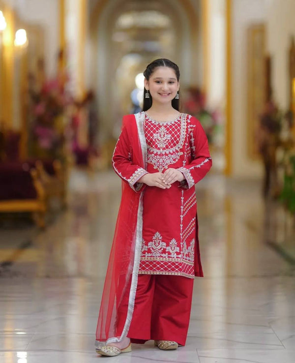 Stylish Embroidered Red Color Top Bottom And Dupatta Set For Girls