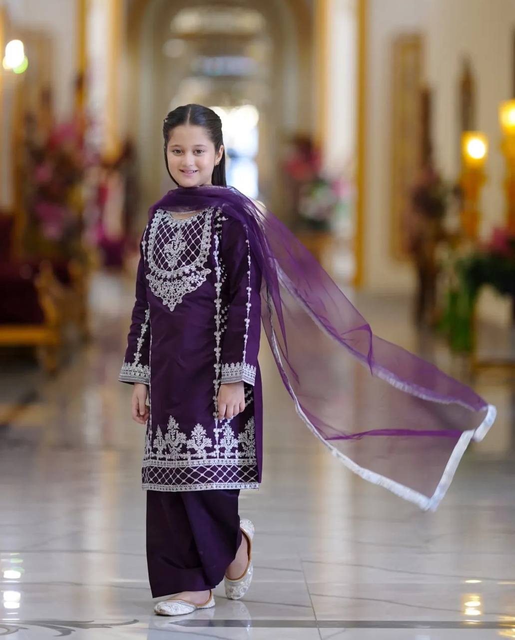 Stylish Embroidered Purple Color Top Bottom And Dupatta Set For Girls