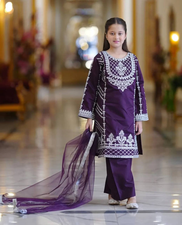 Stylish Embroidered Purple Color Top Bottom And Dupatta Set For Girls