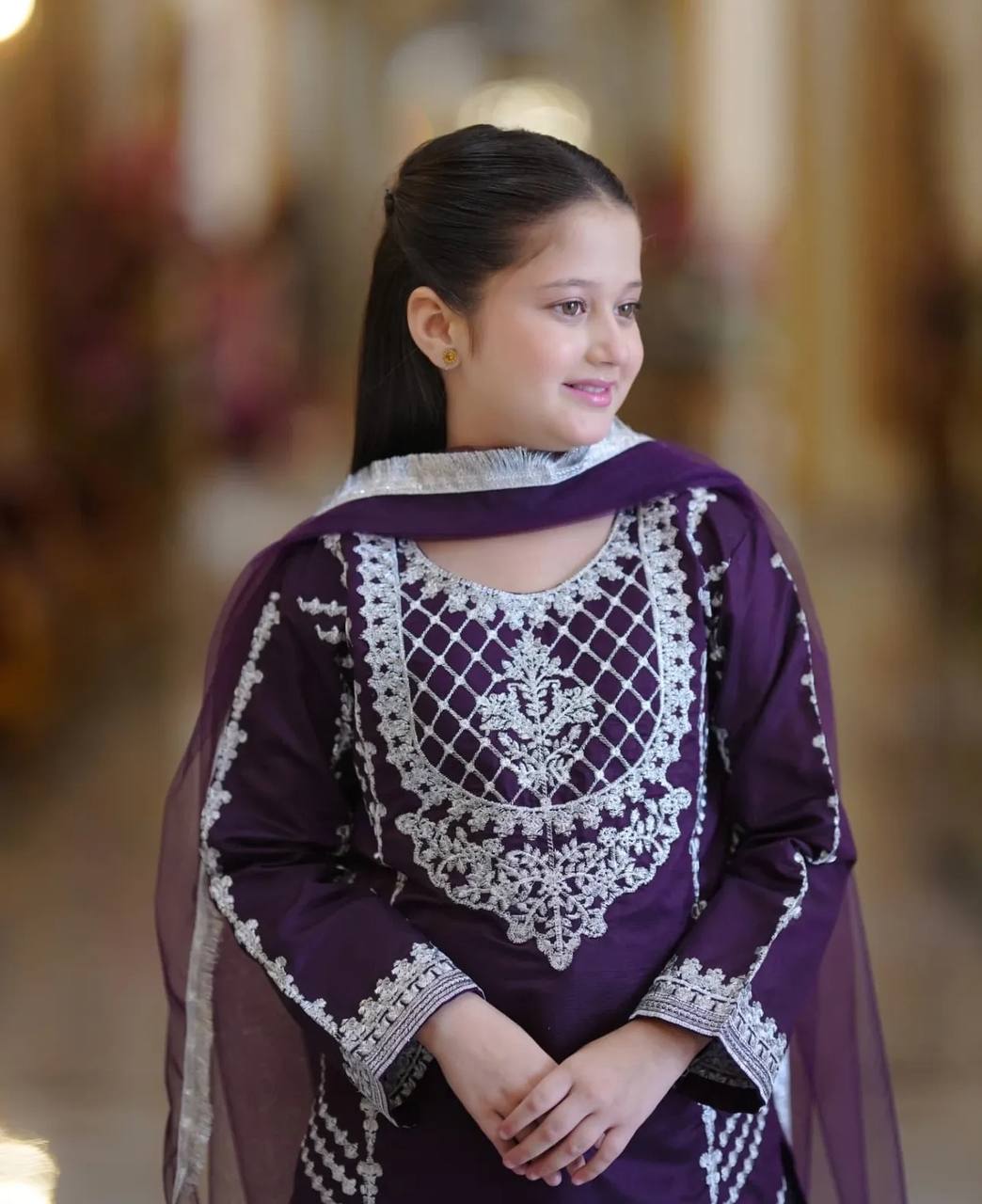 Stylish Embroidered Purple Color Top Bottom And Dupatta Set For Girls