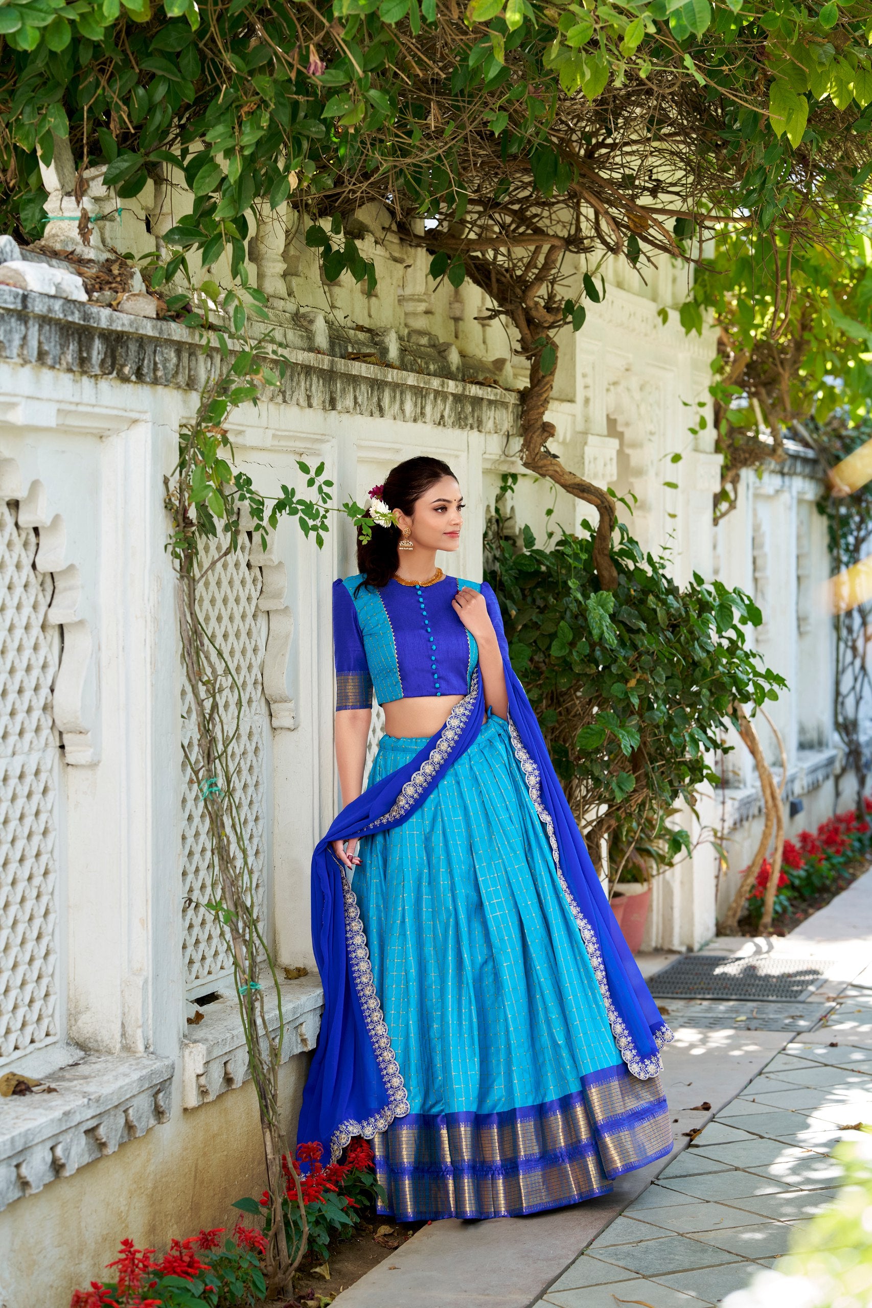 South Indian Wear Sky Blue Color Zari Chex With Zari Weaving Work Designer Lehenga Choli