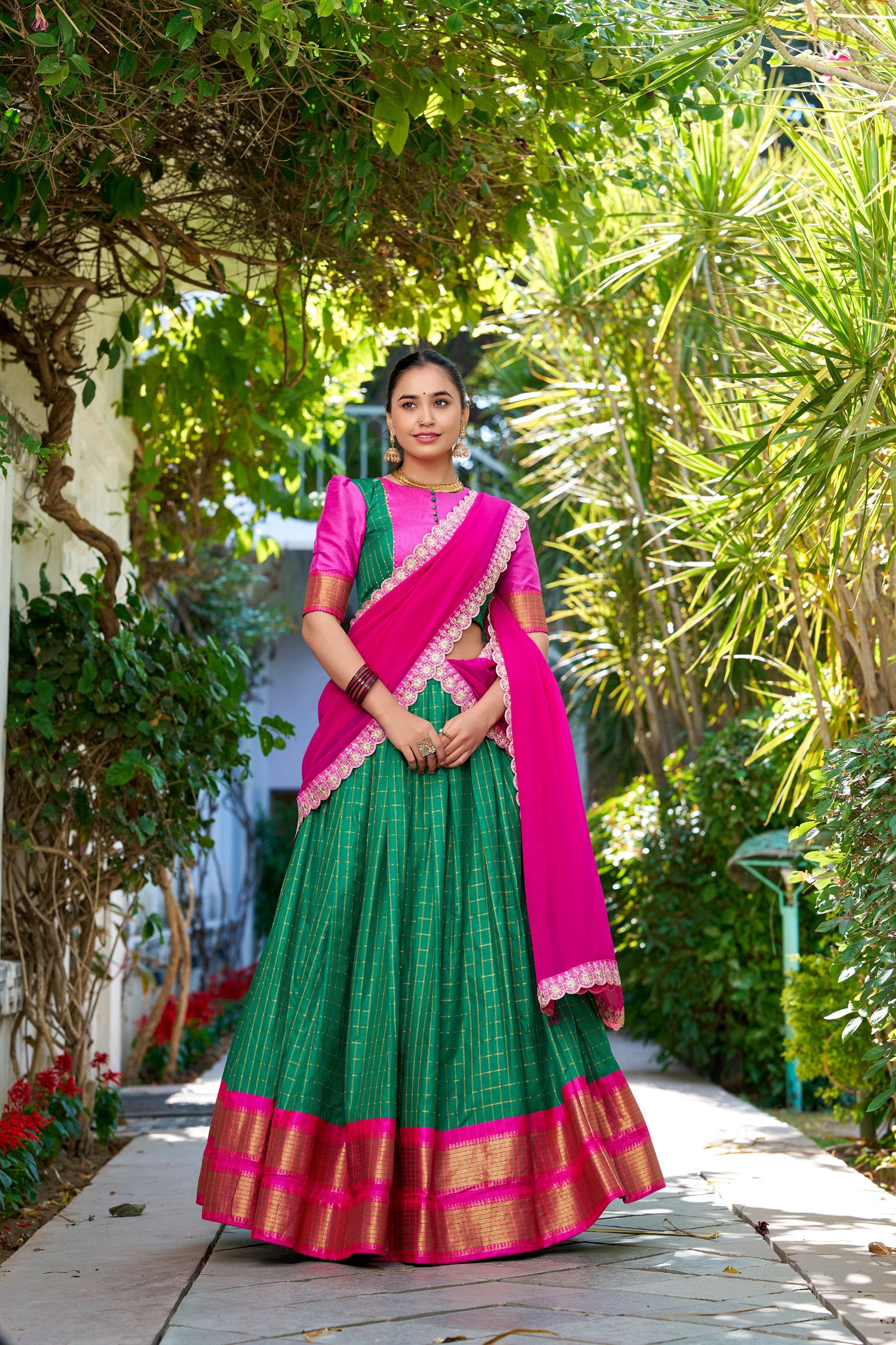 South Indian Wear Green Color Zari Chex With Zari Weaving Work Designer Lehenga Choli