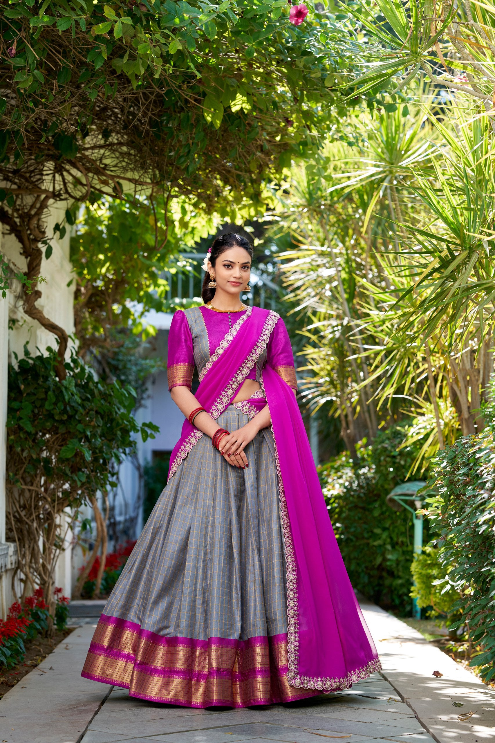 South Indian Wear Grey Color Zari Chex With Zari Weaving Work Designer Lehenga Choli