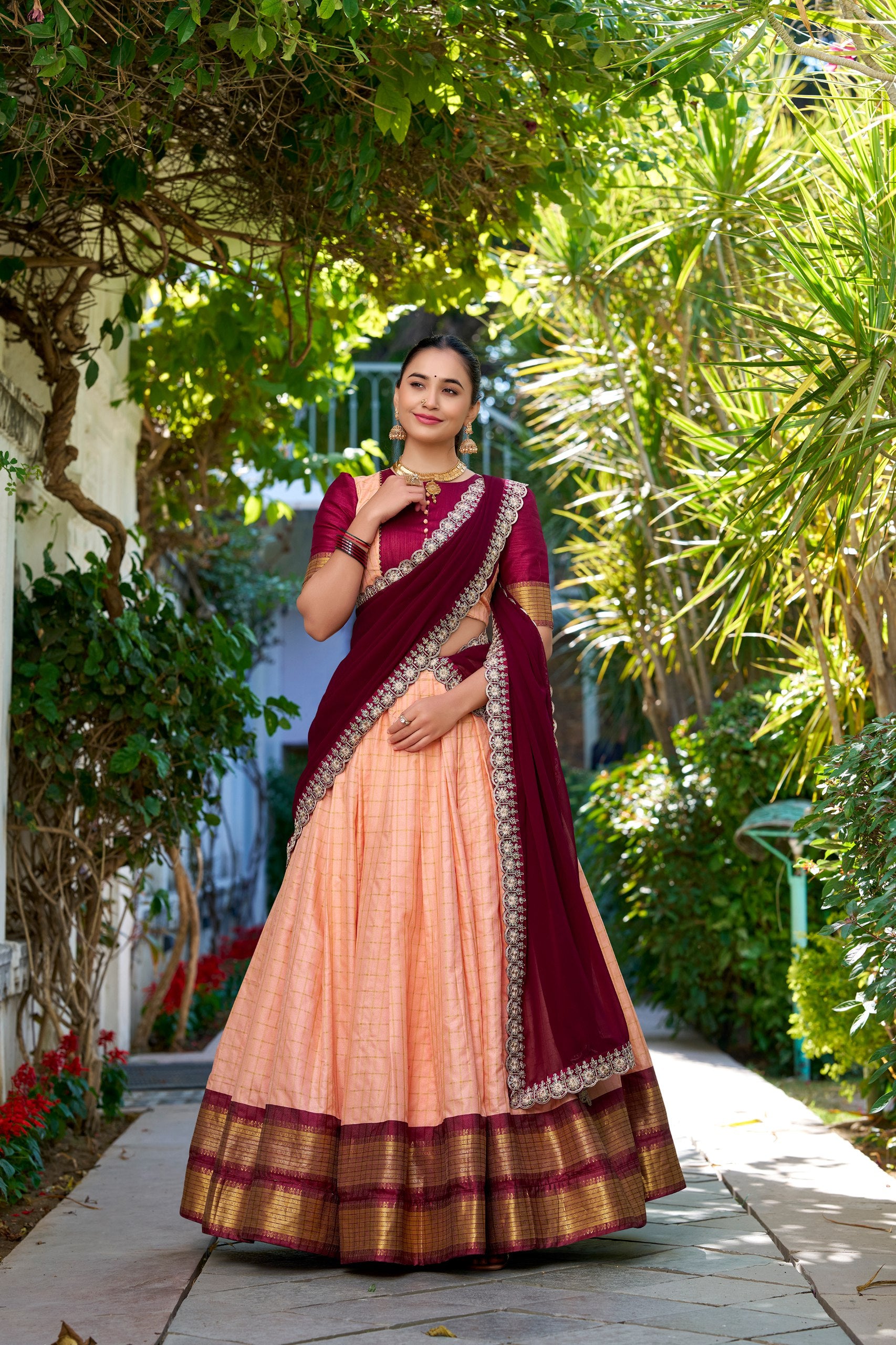 South Indian Wear Peach Color Zari Chex With Zari Weaving Work Designer Lehenga Choli