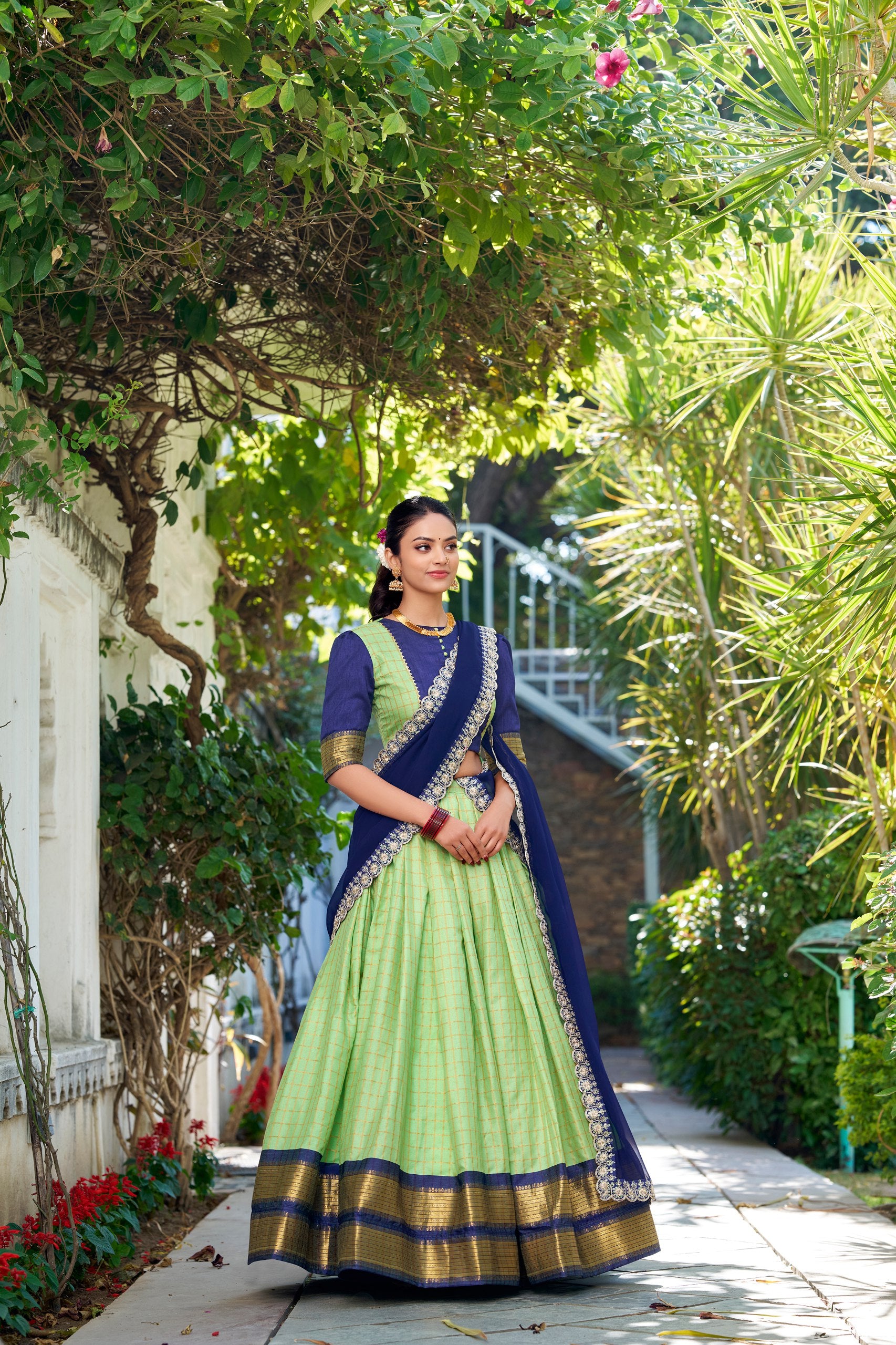 South Indian Wear Pista Color Zari Chex With Zari Weaving Work Designer Lehenga Choli