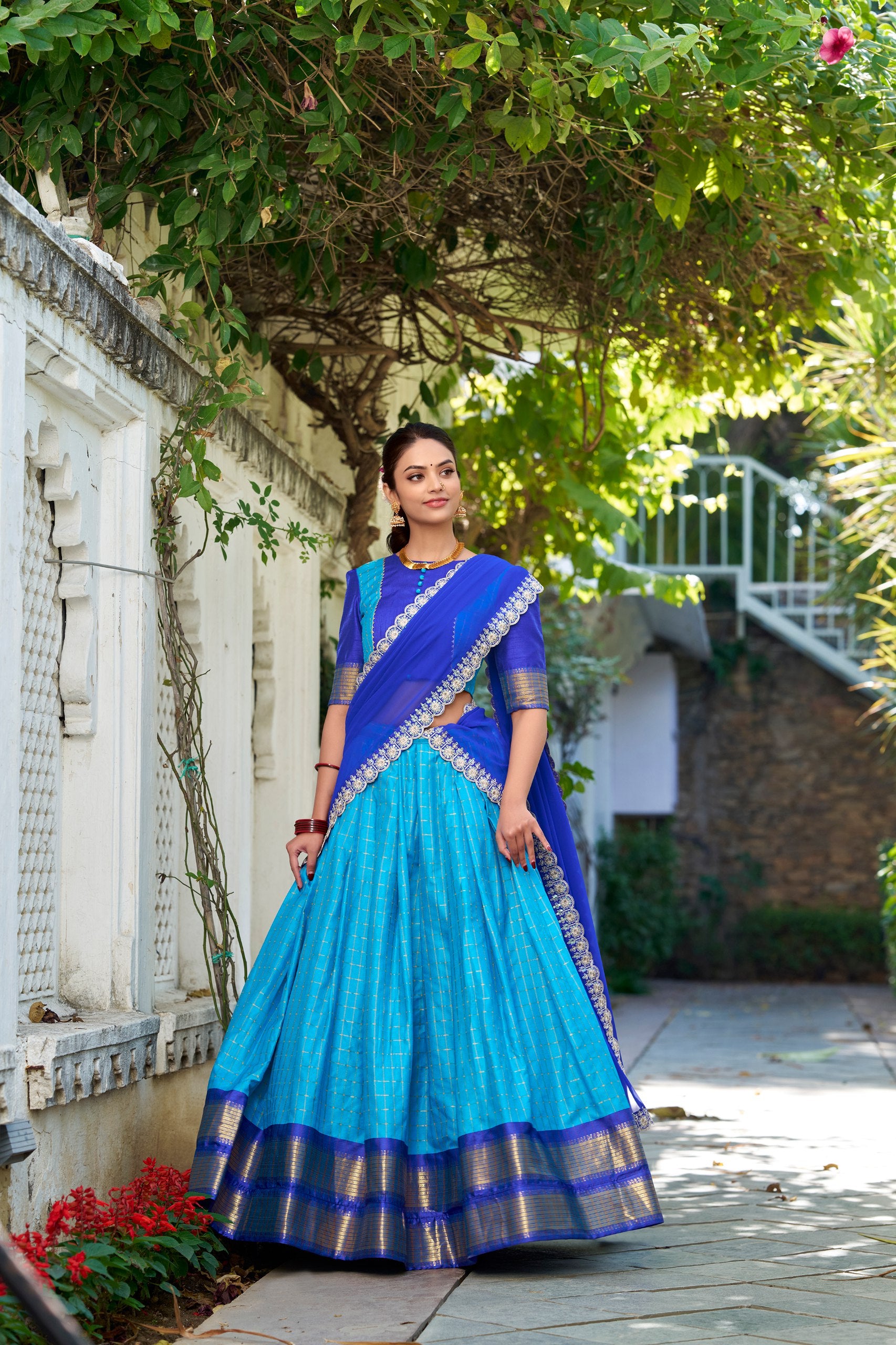 South Indian Wear Sky Blue Color Zari Chex With Zari Weaving Work Designer Lehenga Choli
