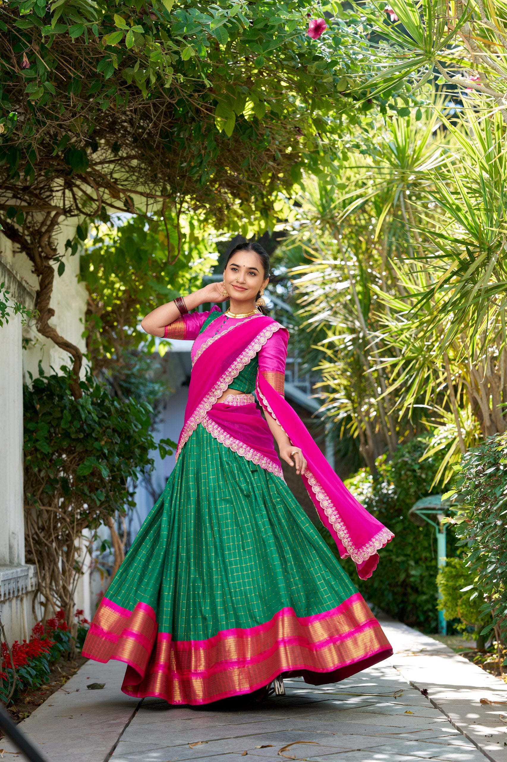 South Indian Wear Green Color Zari Chex With Zari Weaving Work Designer Lehenga Choli