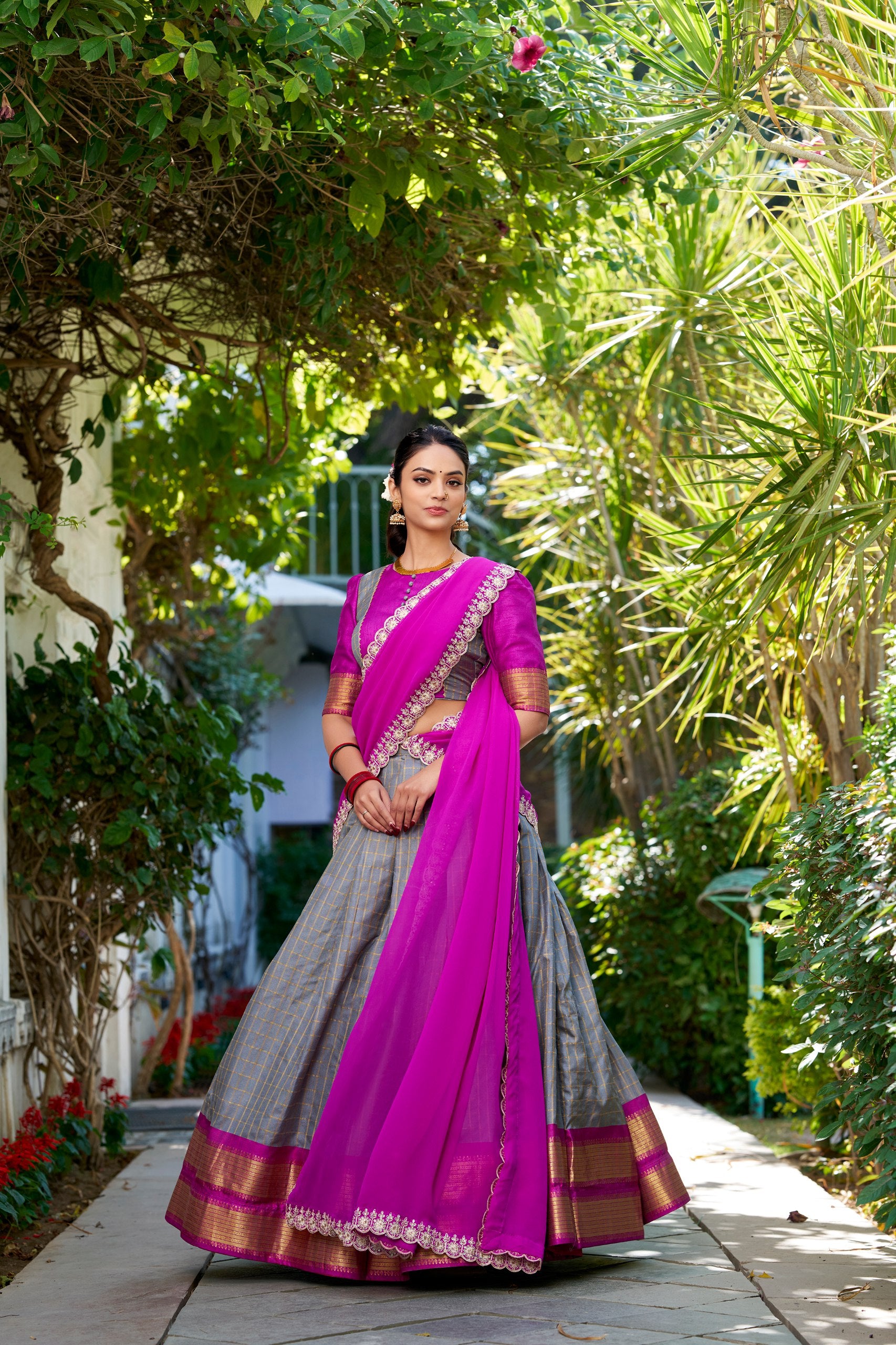 South Indian Wear Grey Color Zari Chex With Zari Weaving Work Designer Lehenga Choli
