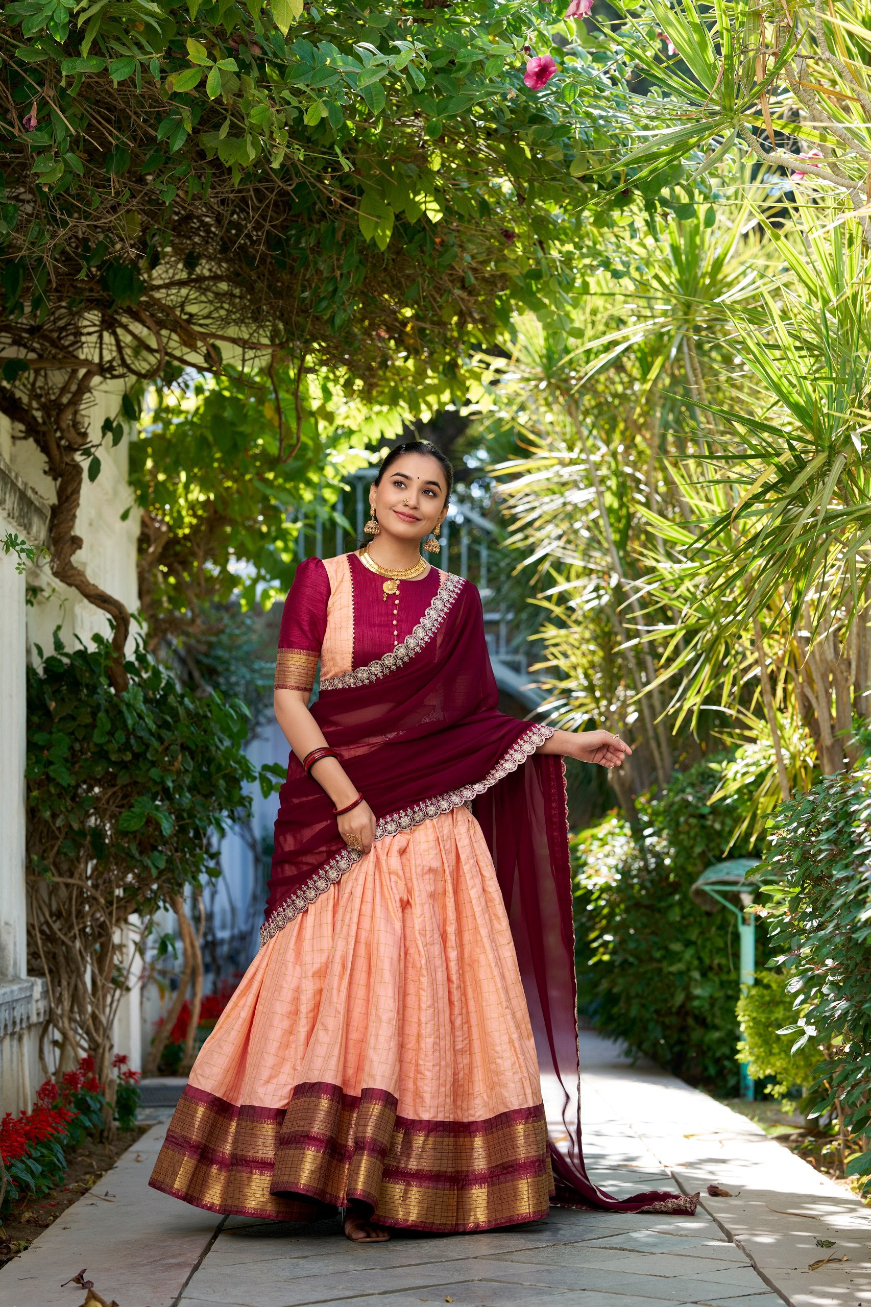 South Indian Wear Peach Color Zari Chex With Zari Weaving Work Designer Lehenga Choli