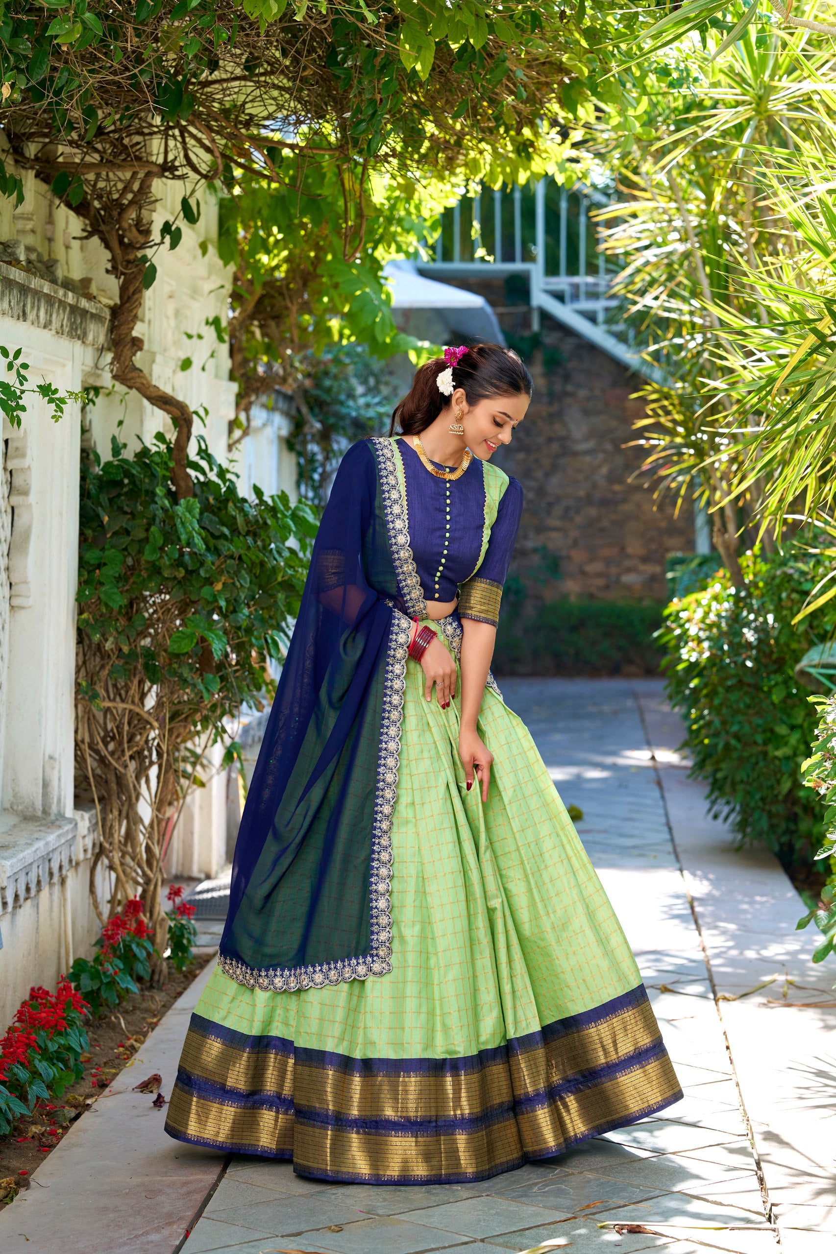South Indian Wear Pista Color Zari Chex With Zari Weaving Work Designer Lehenga Choli