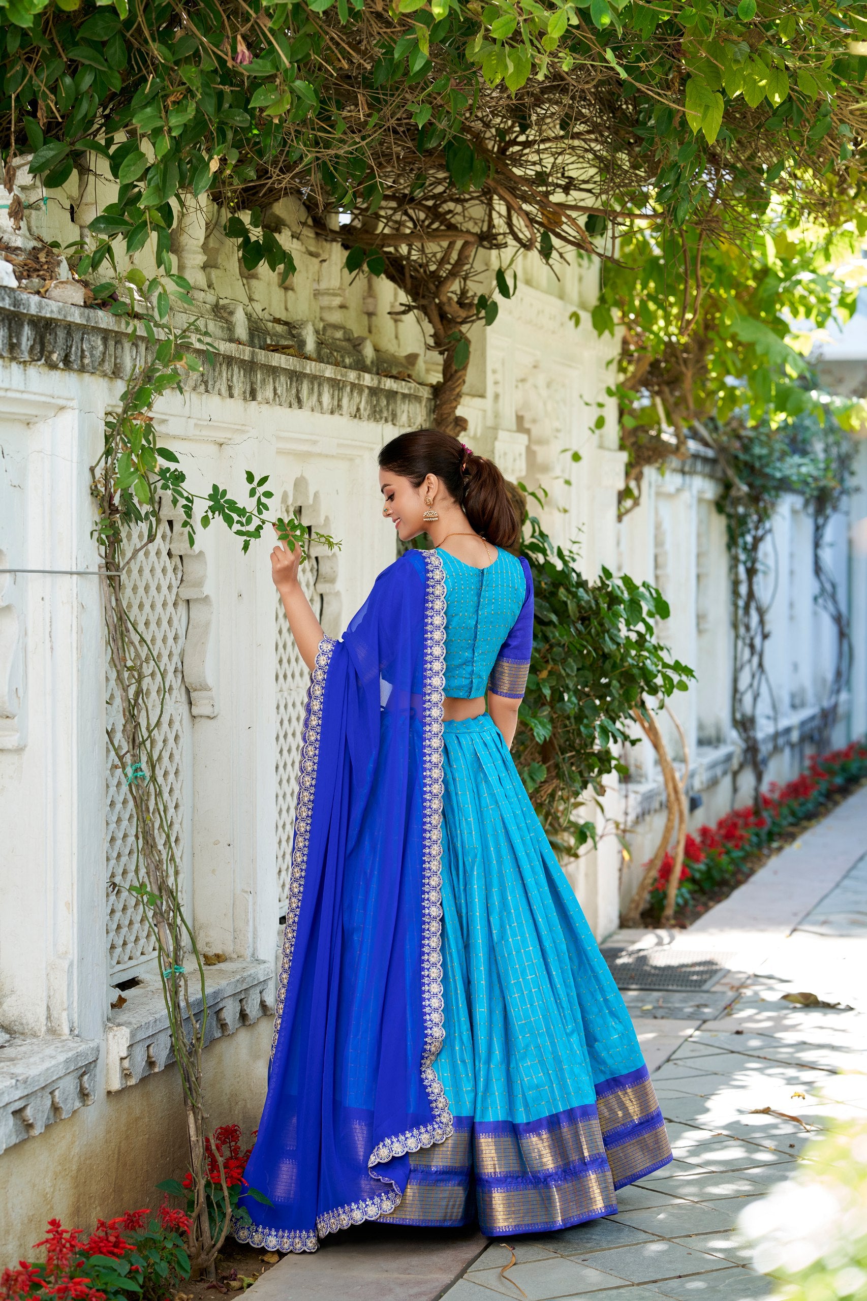South Indian Wear Sky Blue Color Zari Chex With Zari Weaving Work Designer Lehenga Choli
