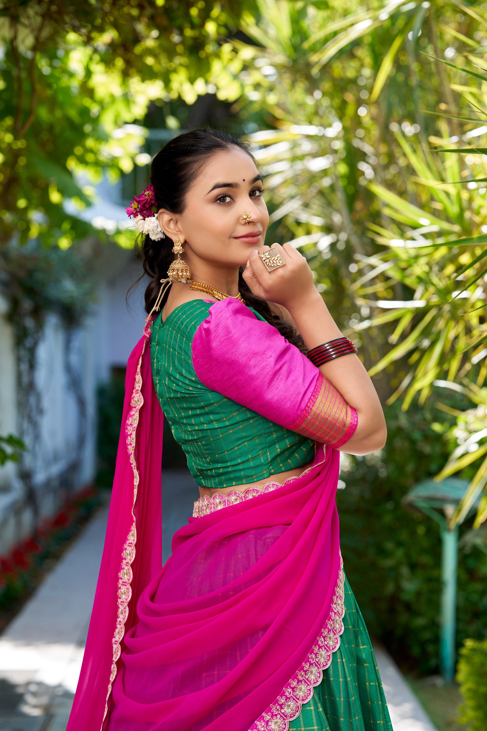 South Indian Wear Green Color Zari Chex With Zari Weaving Work Designer Lehenga Choli