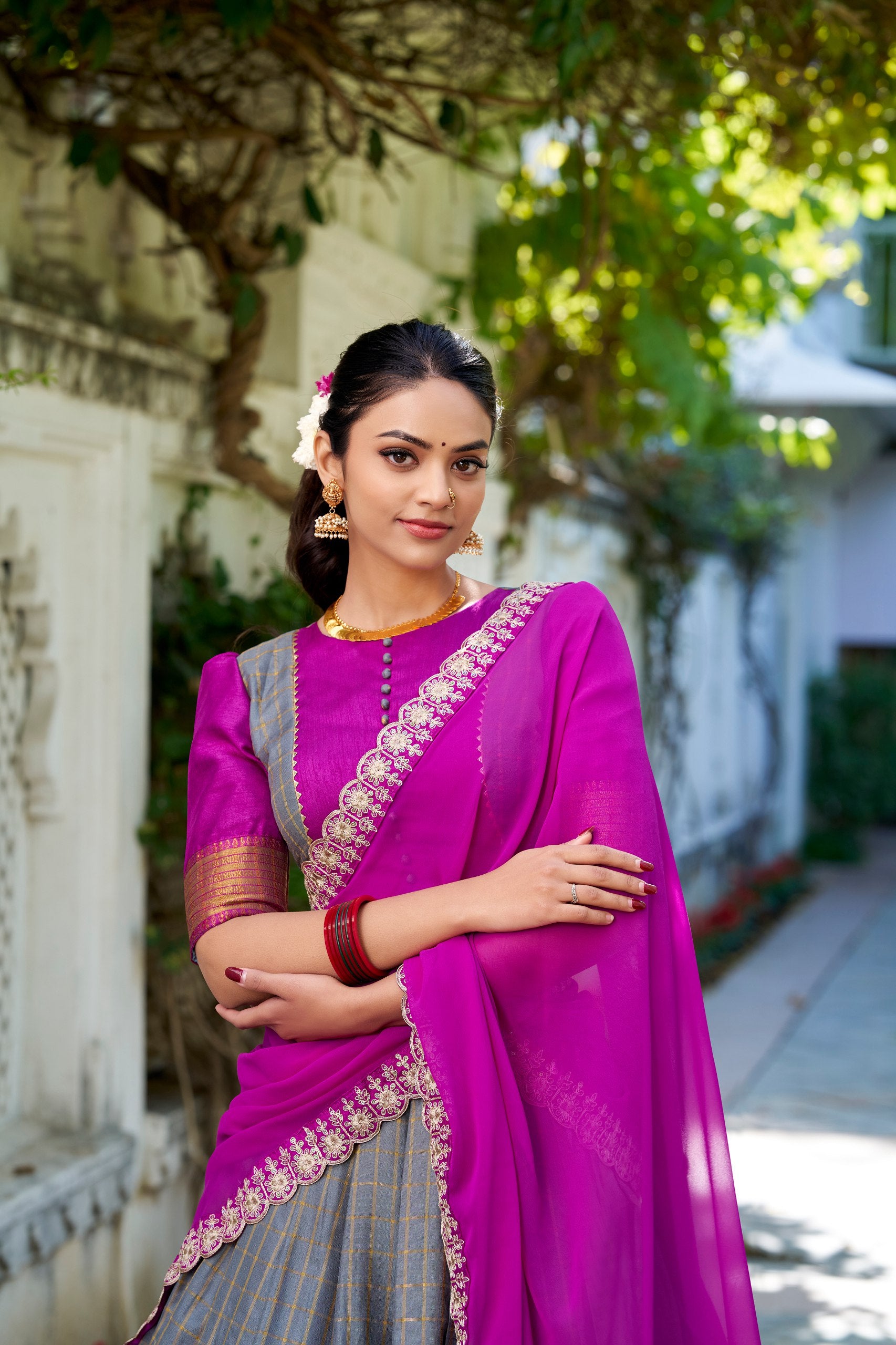 South Indian Wear Grey Color Zari Chex With Zari Weaving Work Designer Lehenga Choli