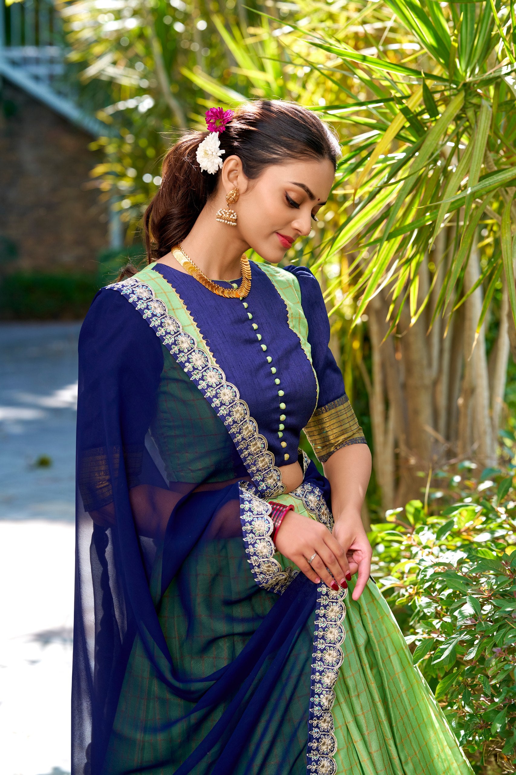 South Indian Wear Pista Color Zari Chex With Zari Weaving Work Designer Lehenga Choli