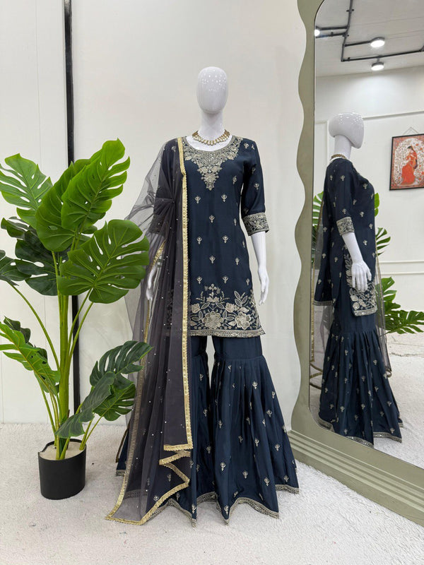 Ceremony Wear Teal Blue Color Heavy Chinon Thread With Sequence Work Sharara Suit