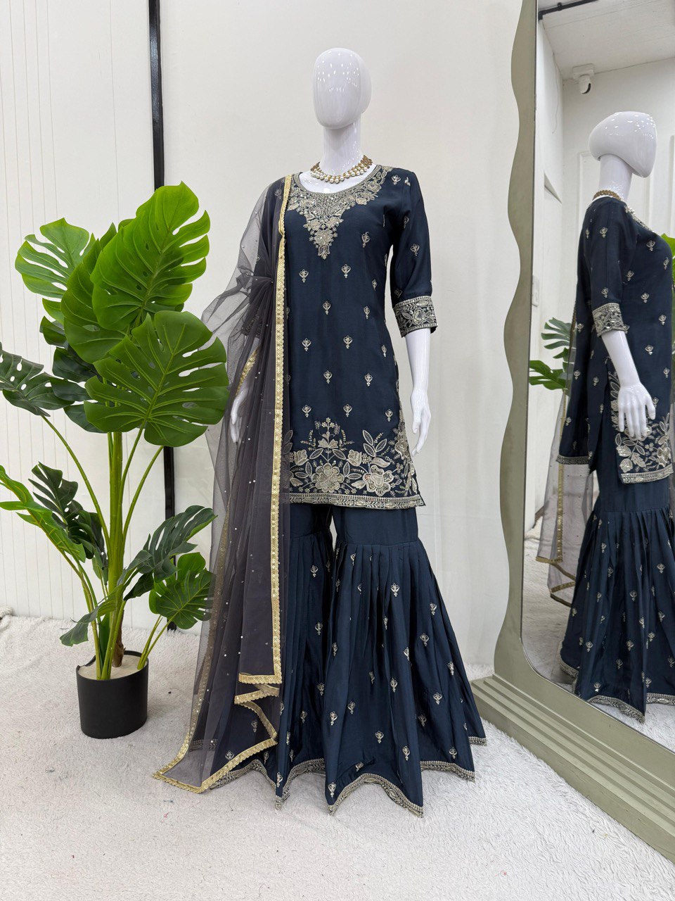 Ceremony Wear Teal Blue Color Heavy Chinon Thread With Sequence Work Sharara Suit
