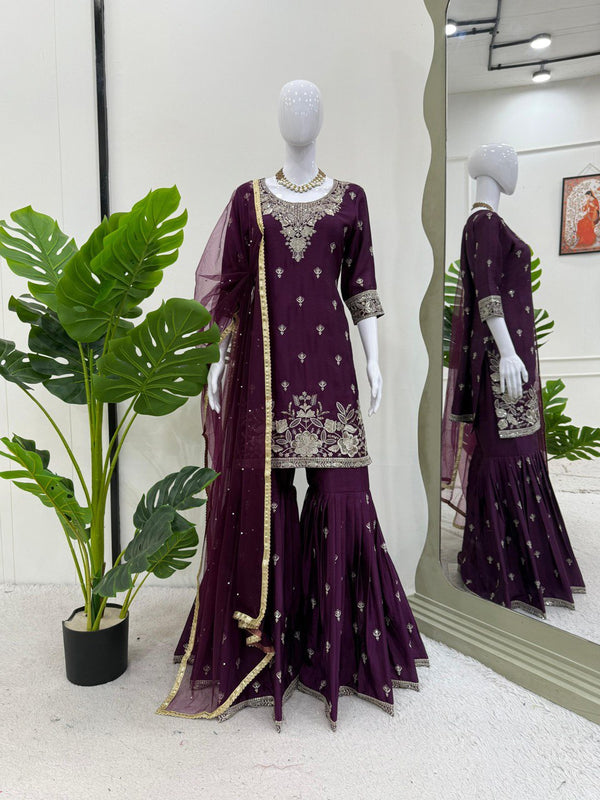 Occassion Wear Purple Color Heavy Chinon Thread With Sequence Work Sharara Suit