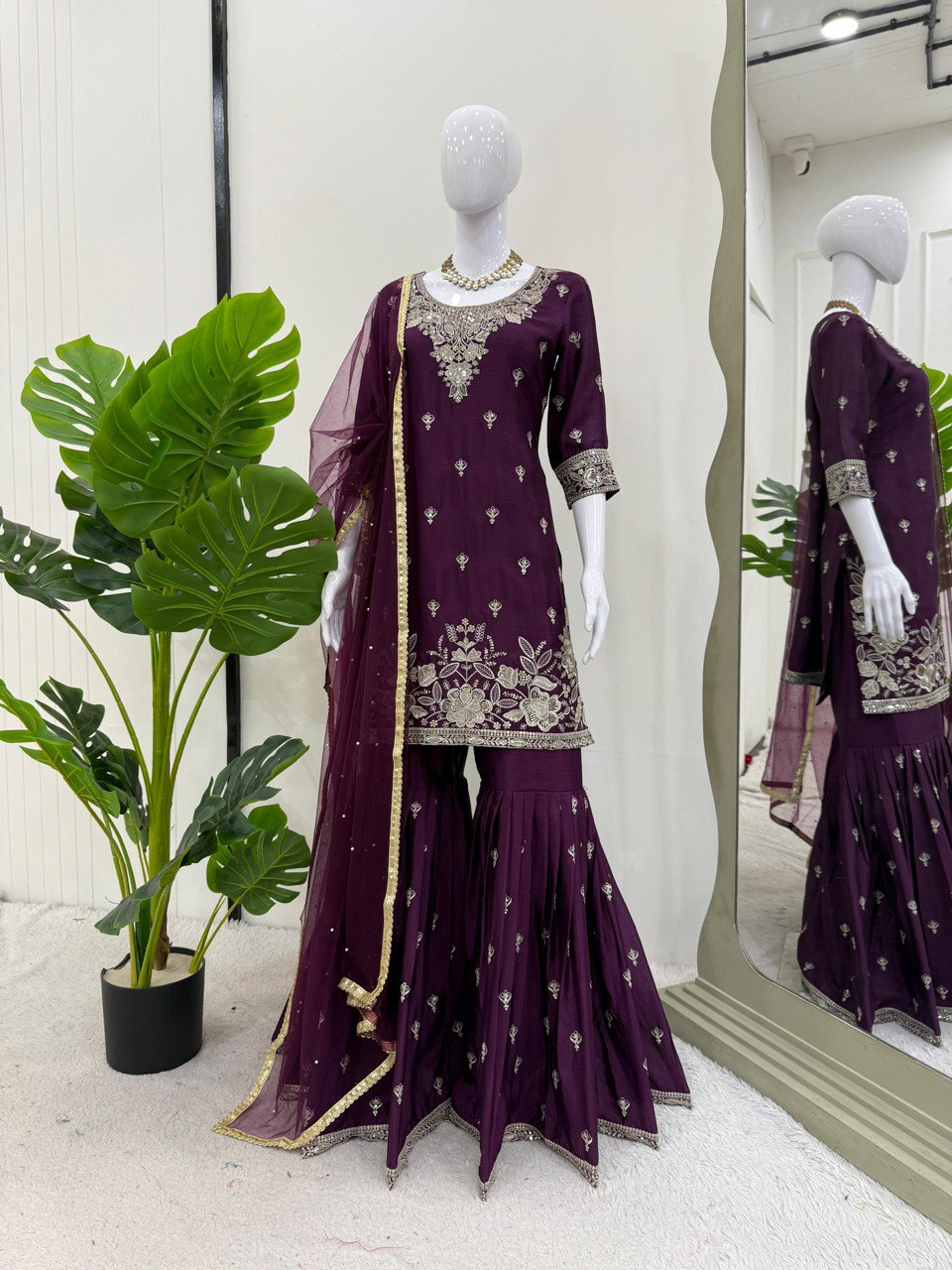Occassion Wear Purple Color Heavy Chinon Thread With Sequence Work Sharara Suit