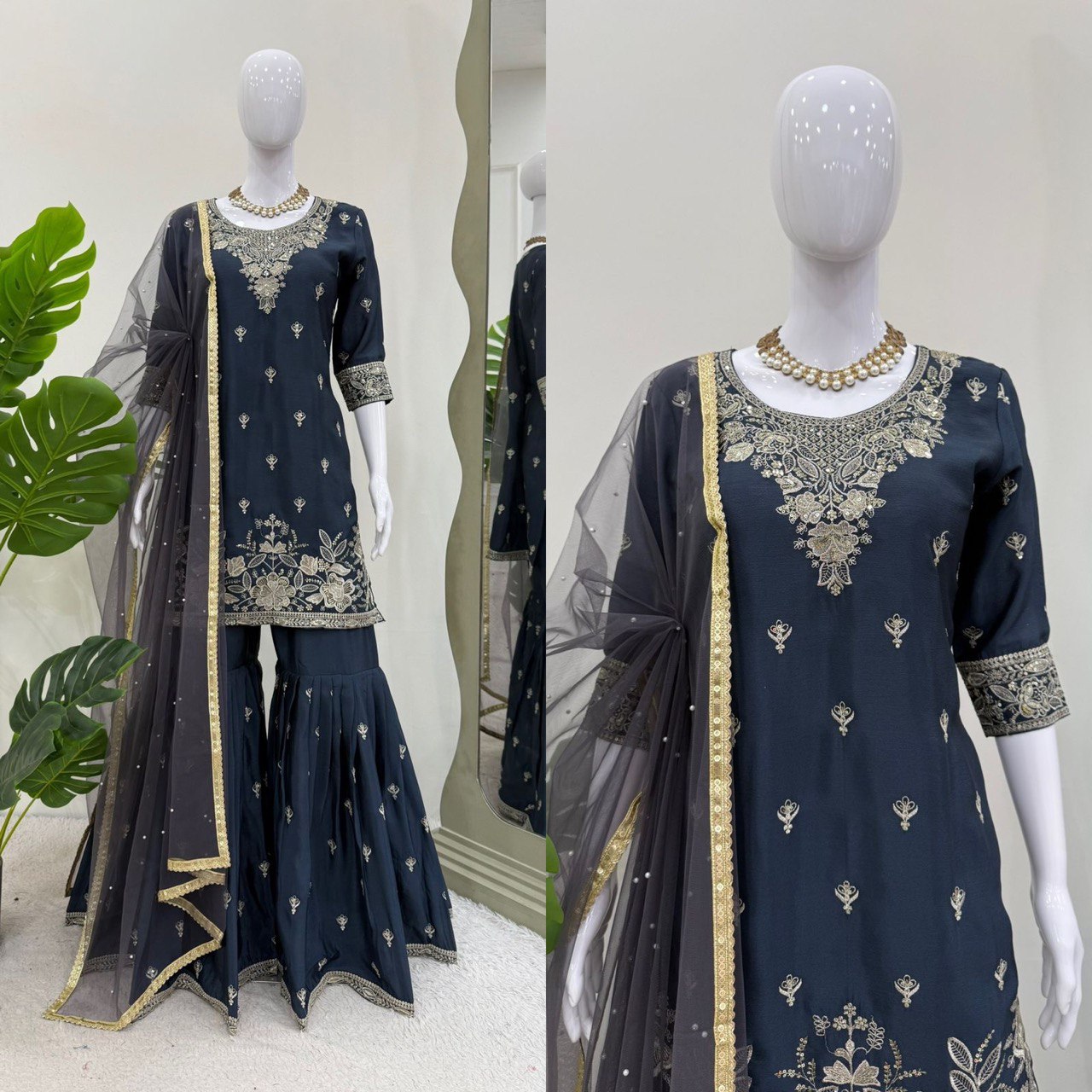 Ceremony Wear Teal Blue Color Heavy Chinon Thread With Sequence Work Sharara Suit