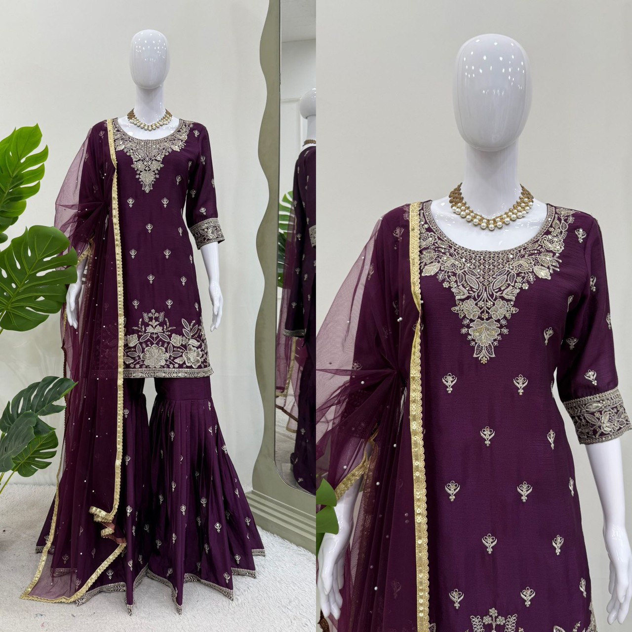 Occassion Wear Purple Color Heavy Chinon Thread With Sequence Work Sharara Suit