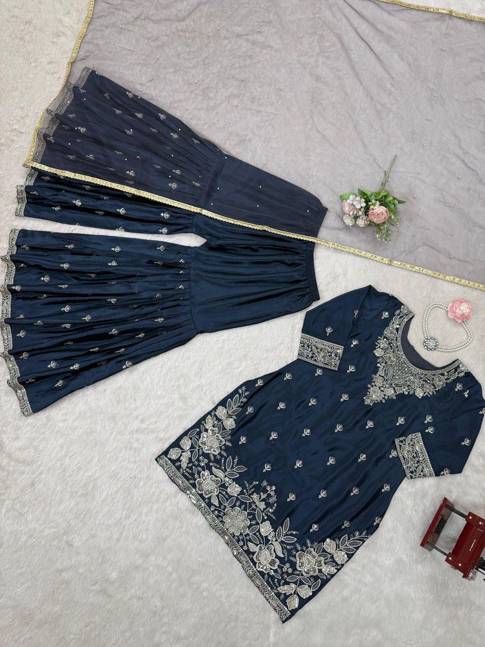 Ceremony Wear Teal Blue Color Heavy Chinon Thread With Sequence Work Sharara Suit