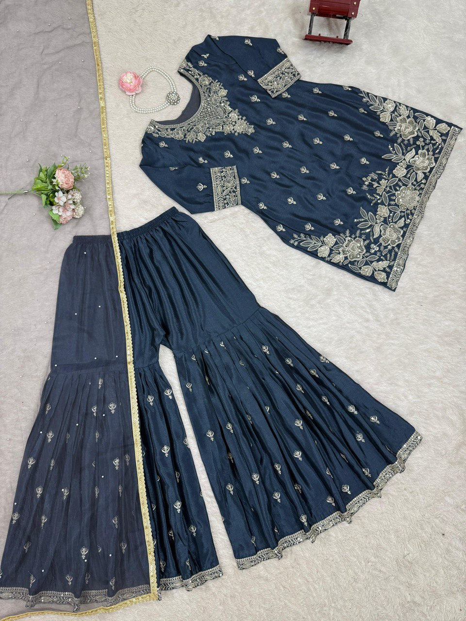 Ceremony Wear Teal Blue Color Heavy Chinon Thread With Sequence Work Sharara Suit