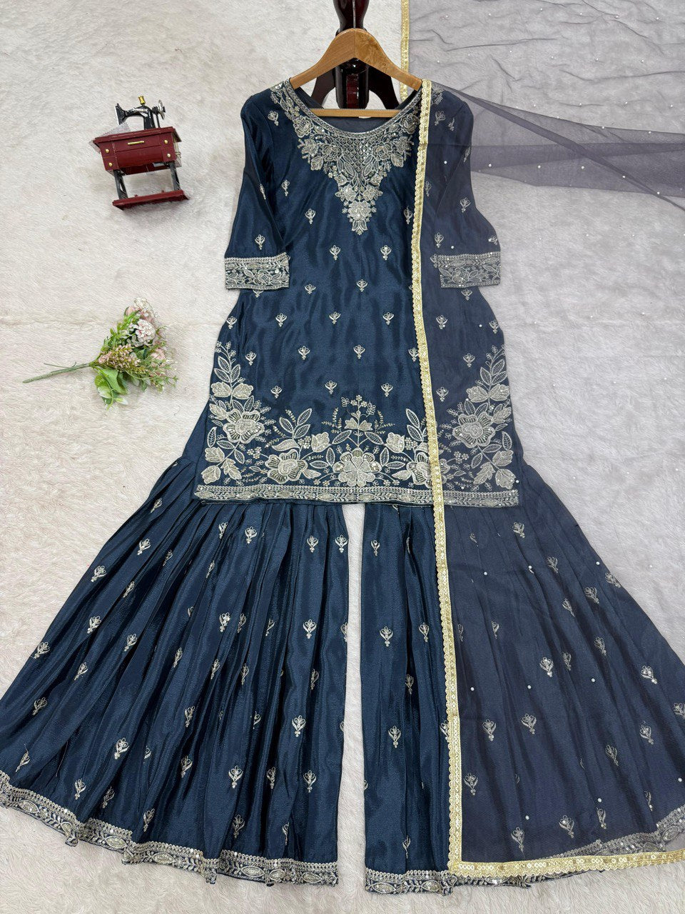 Ceremony Wear Teal Blue Color Heavy Chinon Thread With Sequence Work Sharara Suit