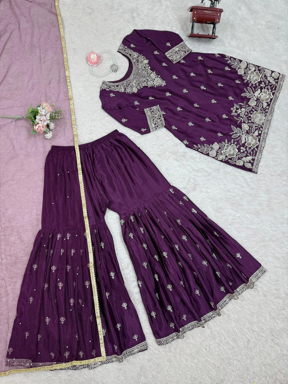 Occassion Wear Purple Color Heavy Chinon Thread With Sequence Work Sharara Suit