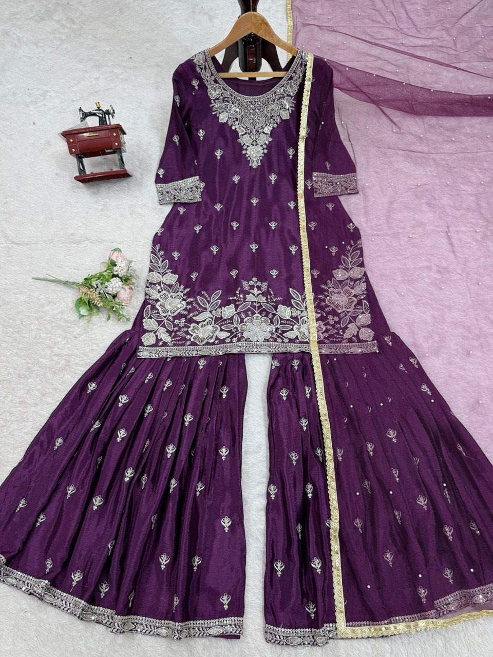 Occassion Wear Purple Color Heavy Chinon Thread With Sequence Work Sharara Suit