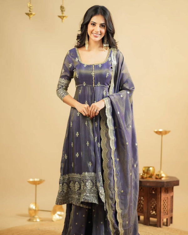 Wedding Wear Lavender Color Simmer Silk Thread With Sequence Work Lehenga Suit