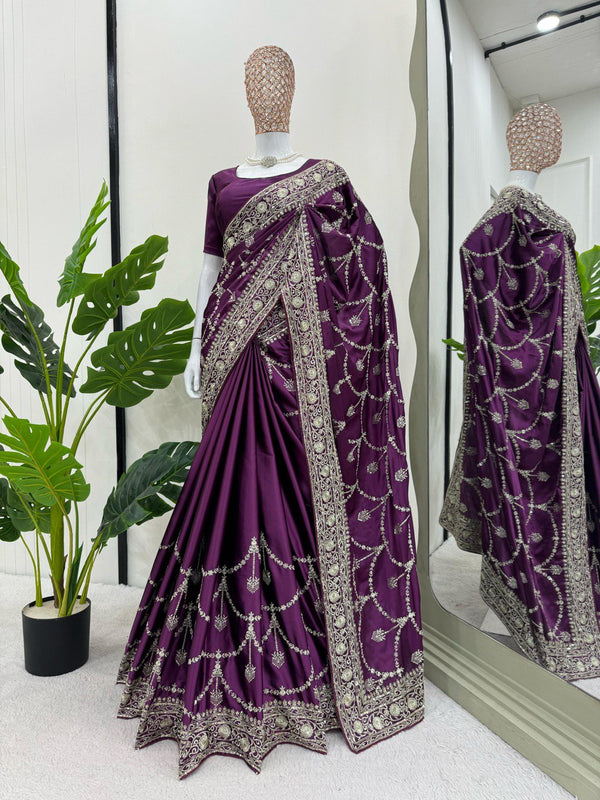 Party Wear Purple Color Japan Satin Silk Thread With Sequence Work Saree