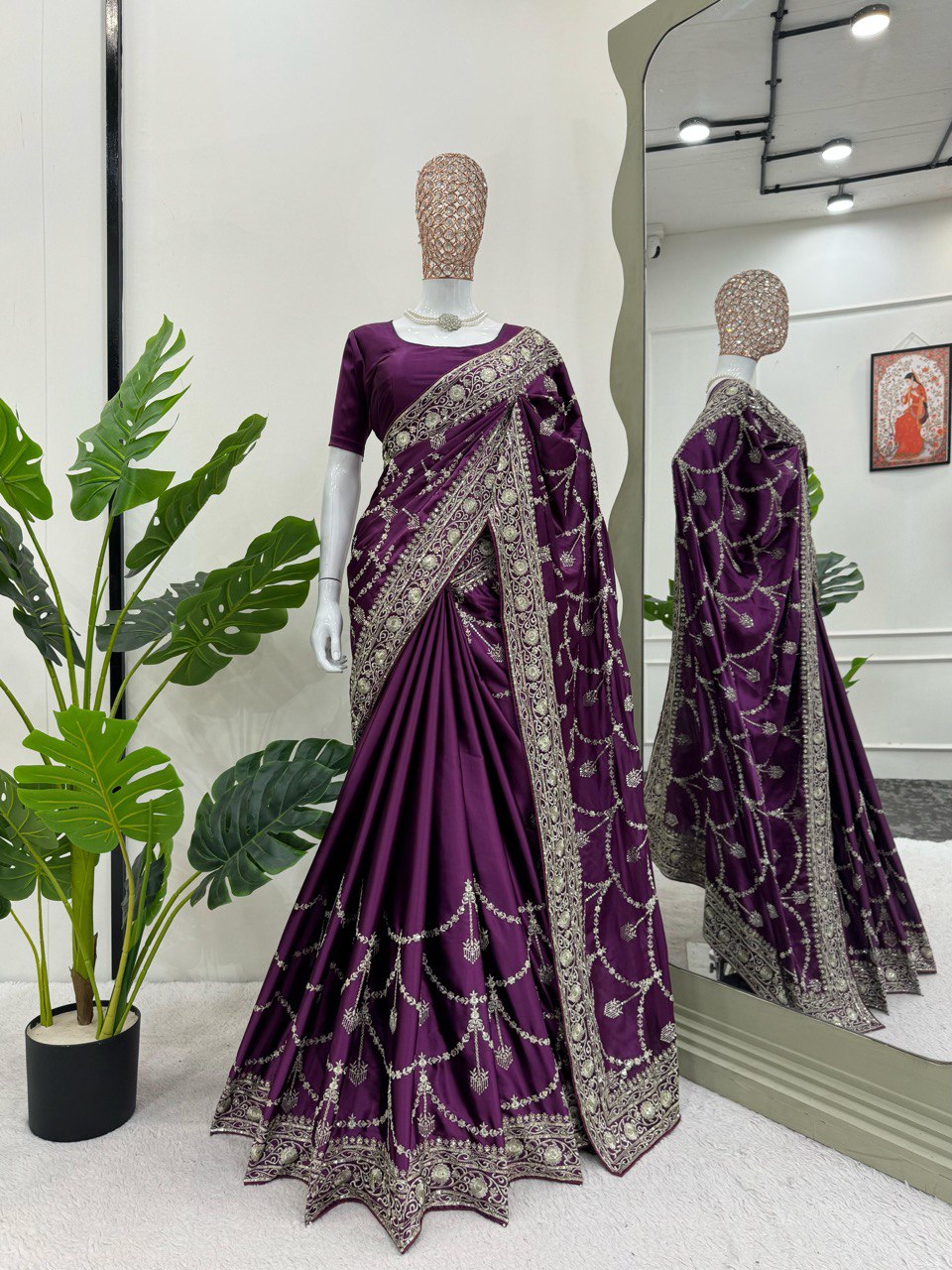 Party Wear Purple Color Japan Satin Silk Thread With Sequence Work Saree