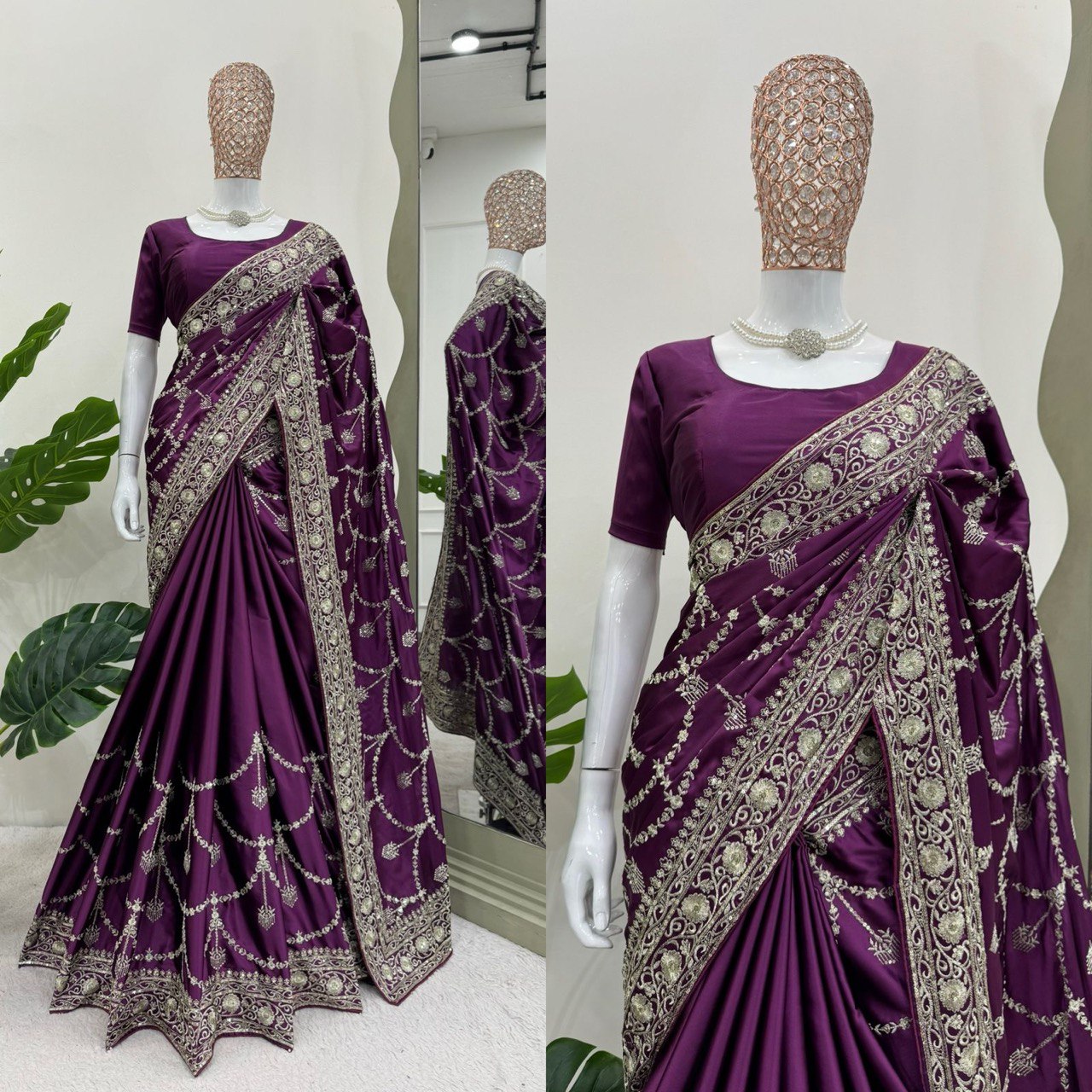 Party Wear Purple Color Japan Satin Silk Thread With Sequence Work Saree