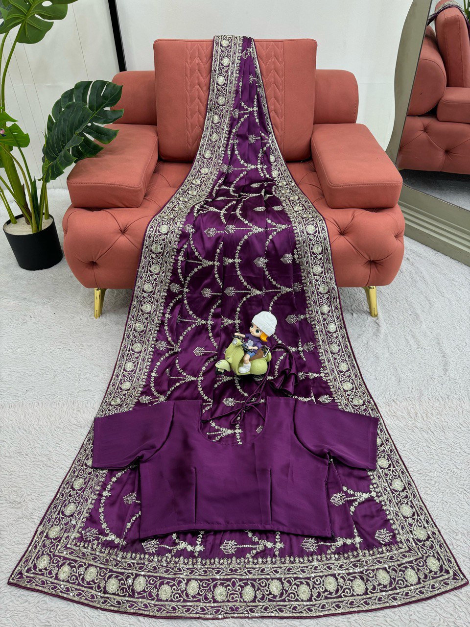 Party Wear Purple Color Japan Satin Silk Thread With Sequence Work Saree