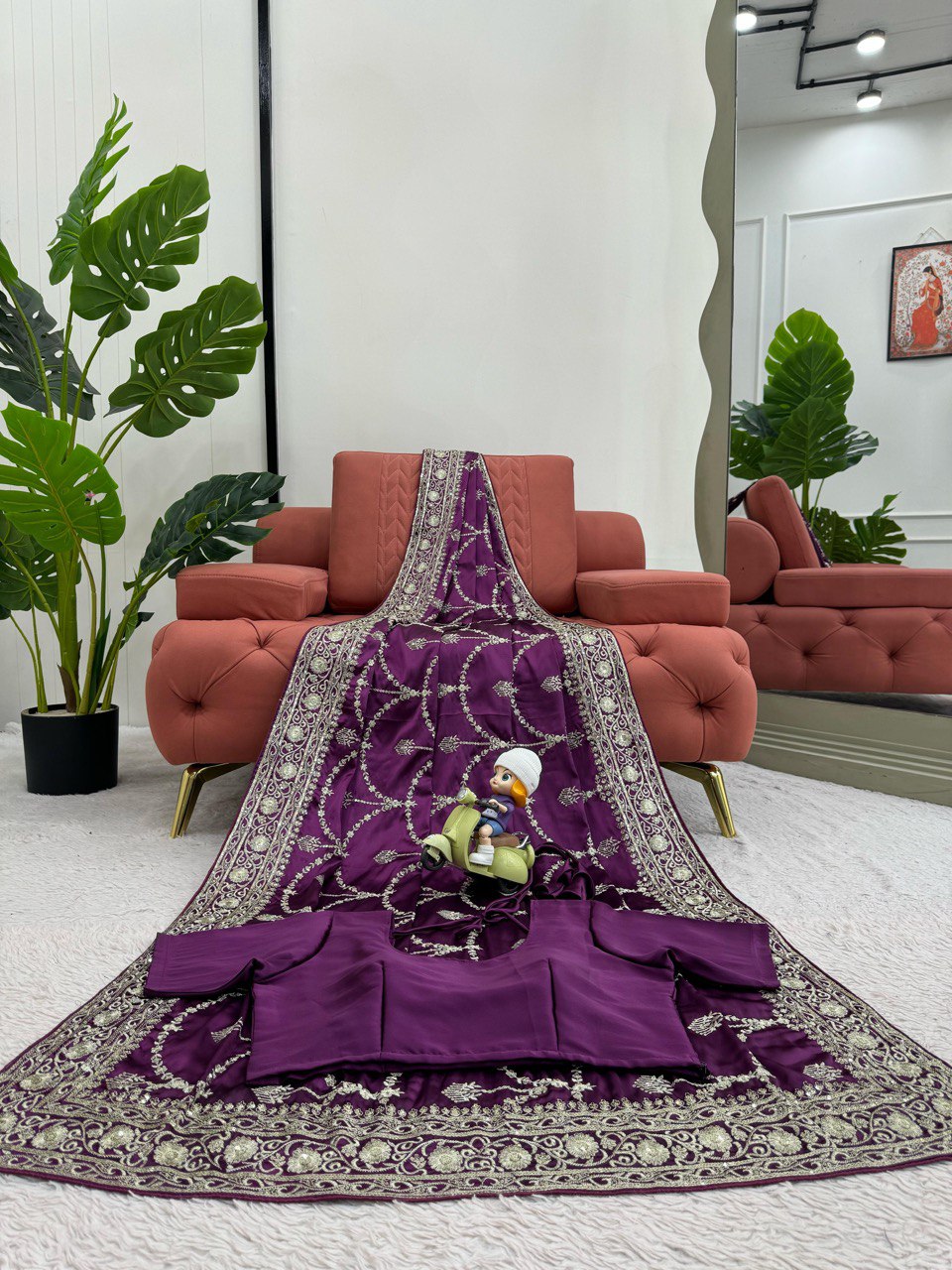 Party Wear Purple Color Japan Satin Silk Thread With Sequence Work Saree