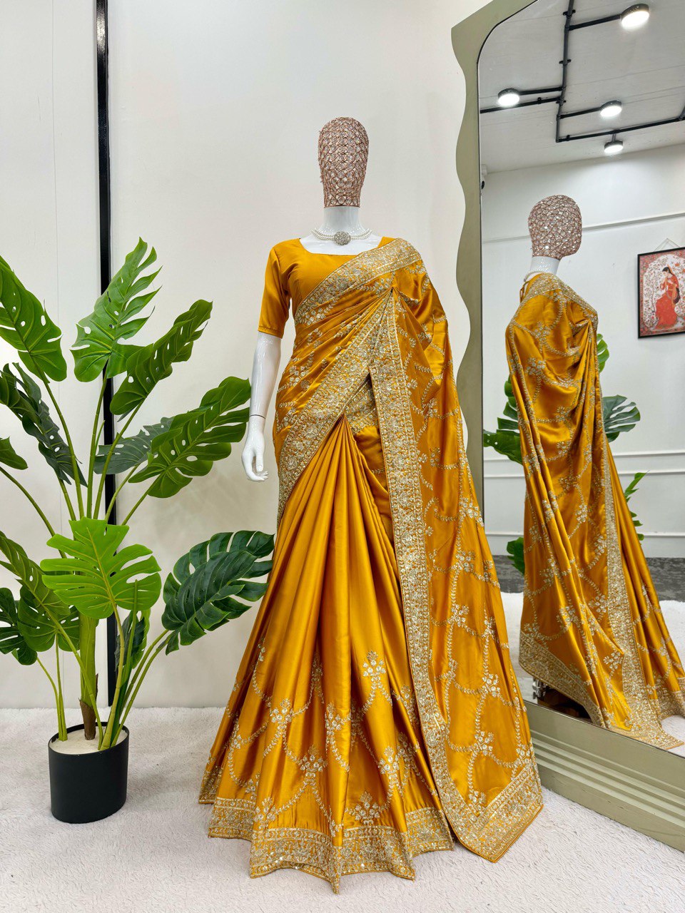Haldi Wear Yellow Color Japan Satin Silk Thread With Sequence Work Saree