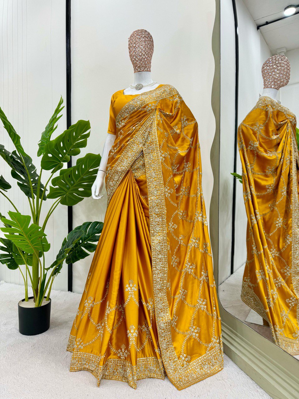Haldi Wear Yellow Color Japan Satin Silk Thread With Sequence Work Saree