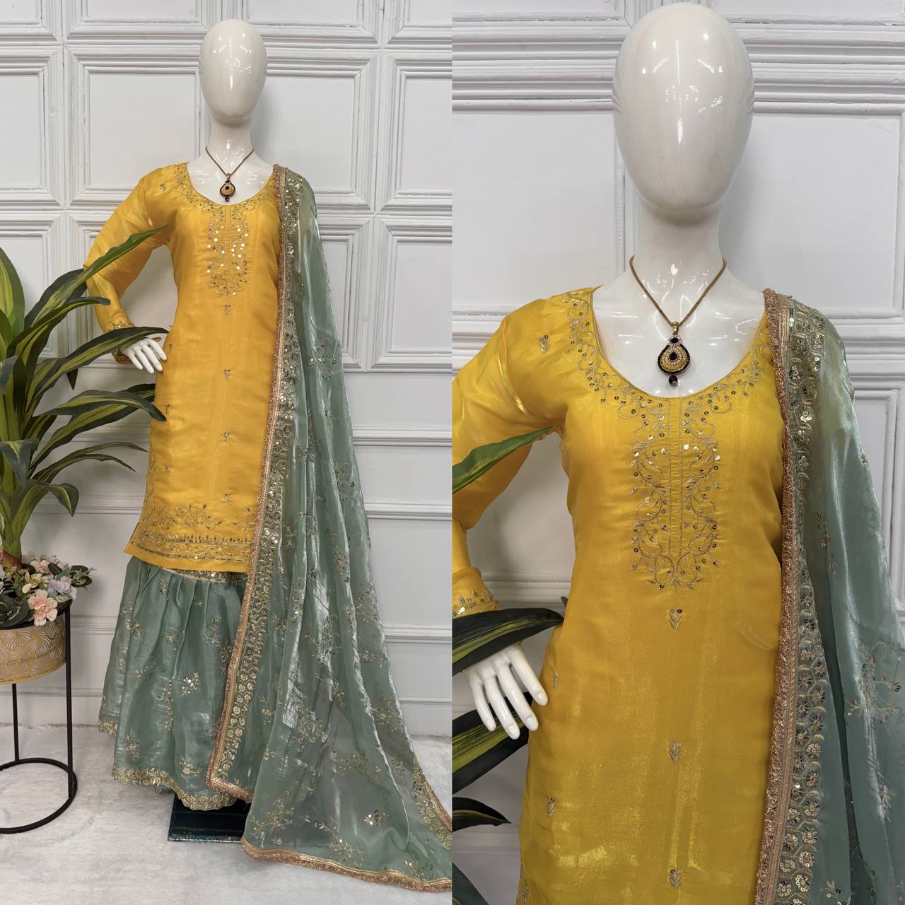 Trendy Yellow With Green Color Festival Wear Jimmy Choo And Embroidery Work Sharara Suit