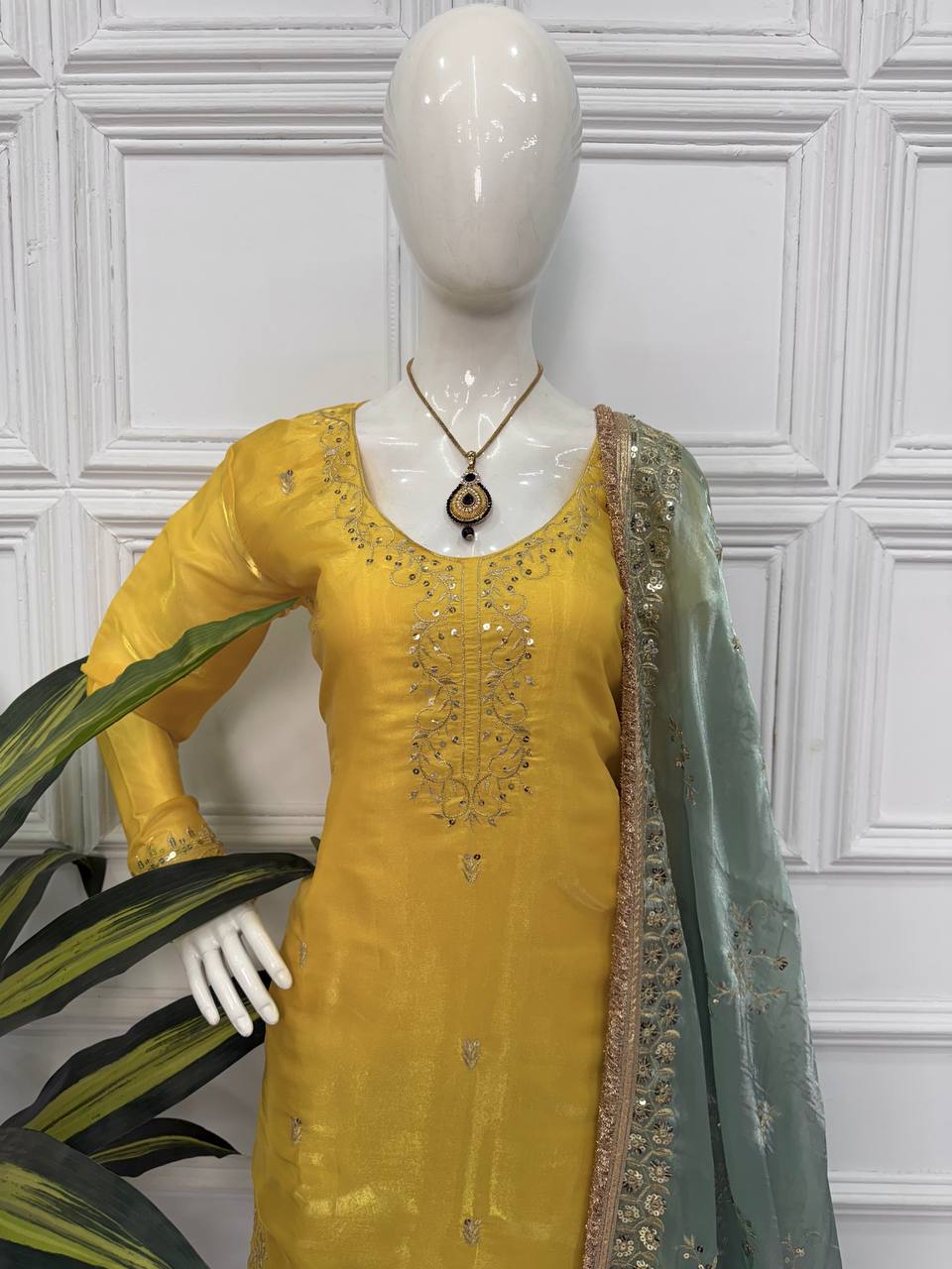 Trendy Yellow With Green Color Festival Wear Jimmy Choo And Embroidery Work Sharara Suit