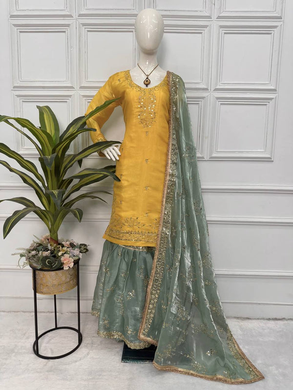 Trendy Yellow With Green Color Festival Wear Jimmy Choo And Embroidery Work Sharara Suit
