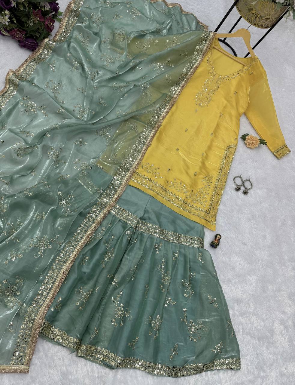 Trendy Yellow With Green Color Festival Wear Jimmy Choo And Embroidery Work Sharara Suit