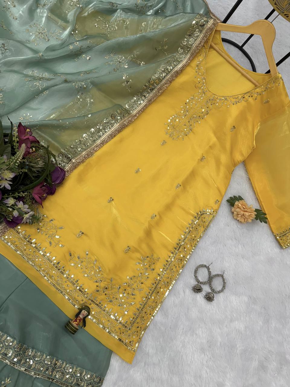 Trendy Yellow With Green Color Festival Wear Jimmy Choo And Embroidery Work Sharara Suit
