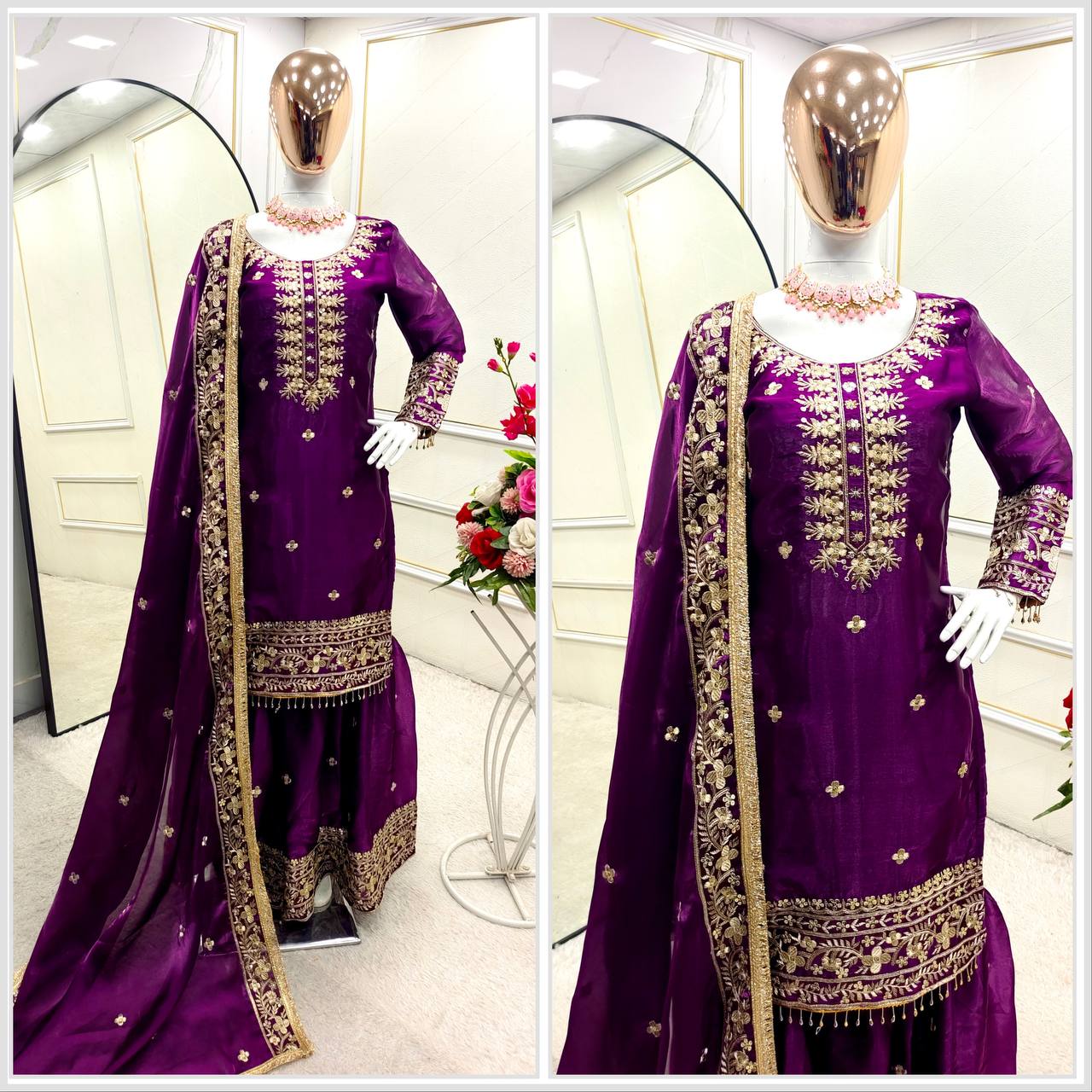Wedding Wear Purple Color Pure Zimmy Chu Silk With Heavy Embroidery Sequence Work Sharara Suit