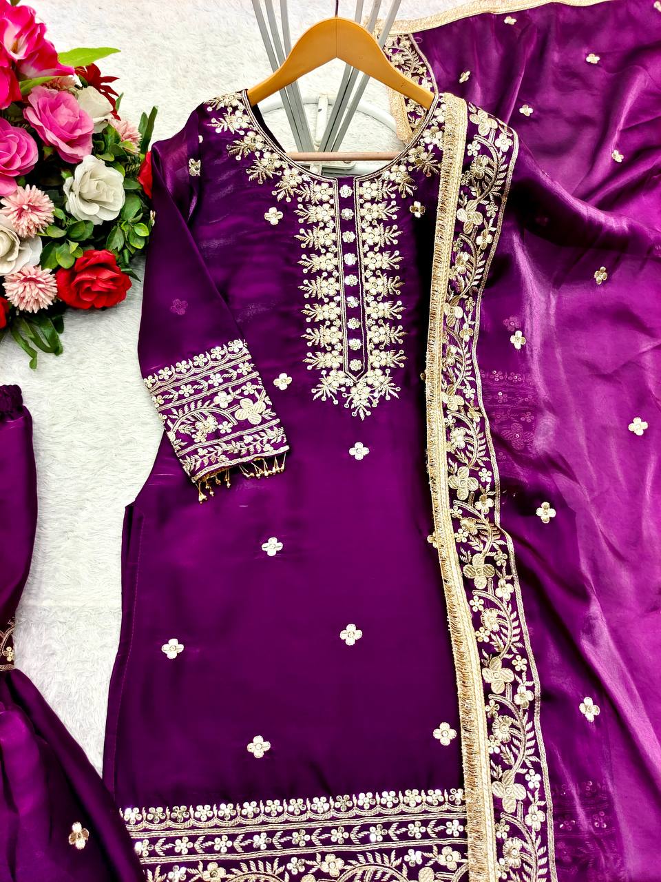 Wedding Wear Purple Color Pure Zimmy Chu Silk With Heavy Embroidery Sequence Work Sharara Suit