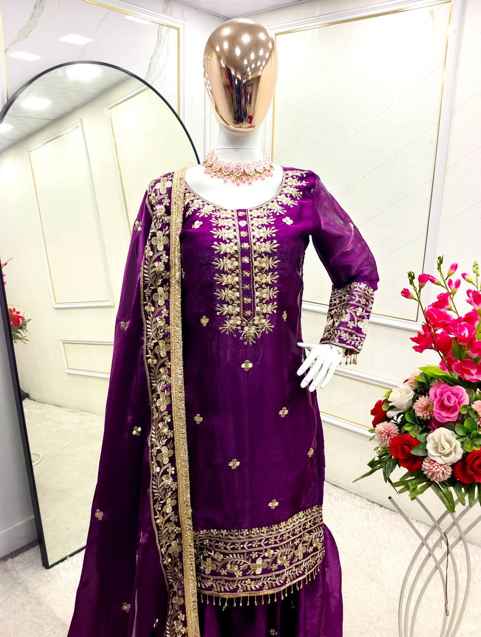 Wedding Wear Purple Color Pure Zimmy Chu Silk With Heavy Embroidery Sequence Work Sharara Suit