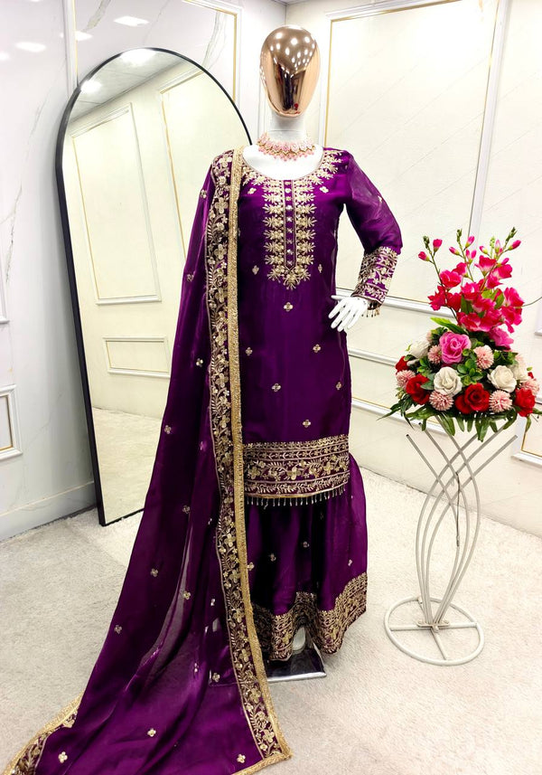 Wedding Wear Purple Color Pure Zimmy Chu Silk With Heavy Embroidery Sequence Work Sharara Suit