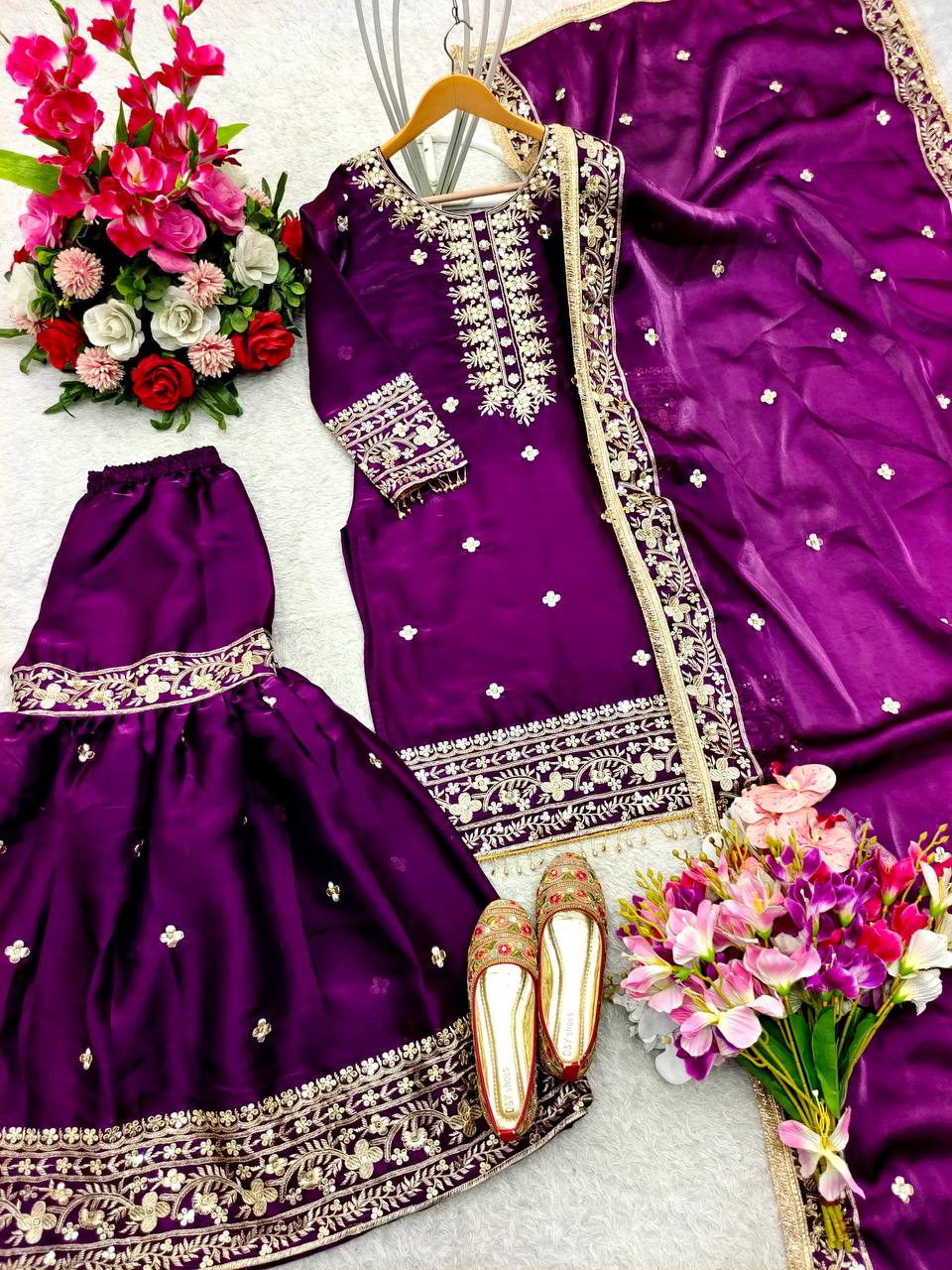 Wedding Wear Purple Color Pure Zimmy Chu Silk With Heavy Embroidery Sequence Work Sharara Suit